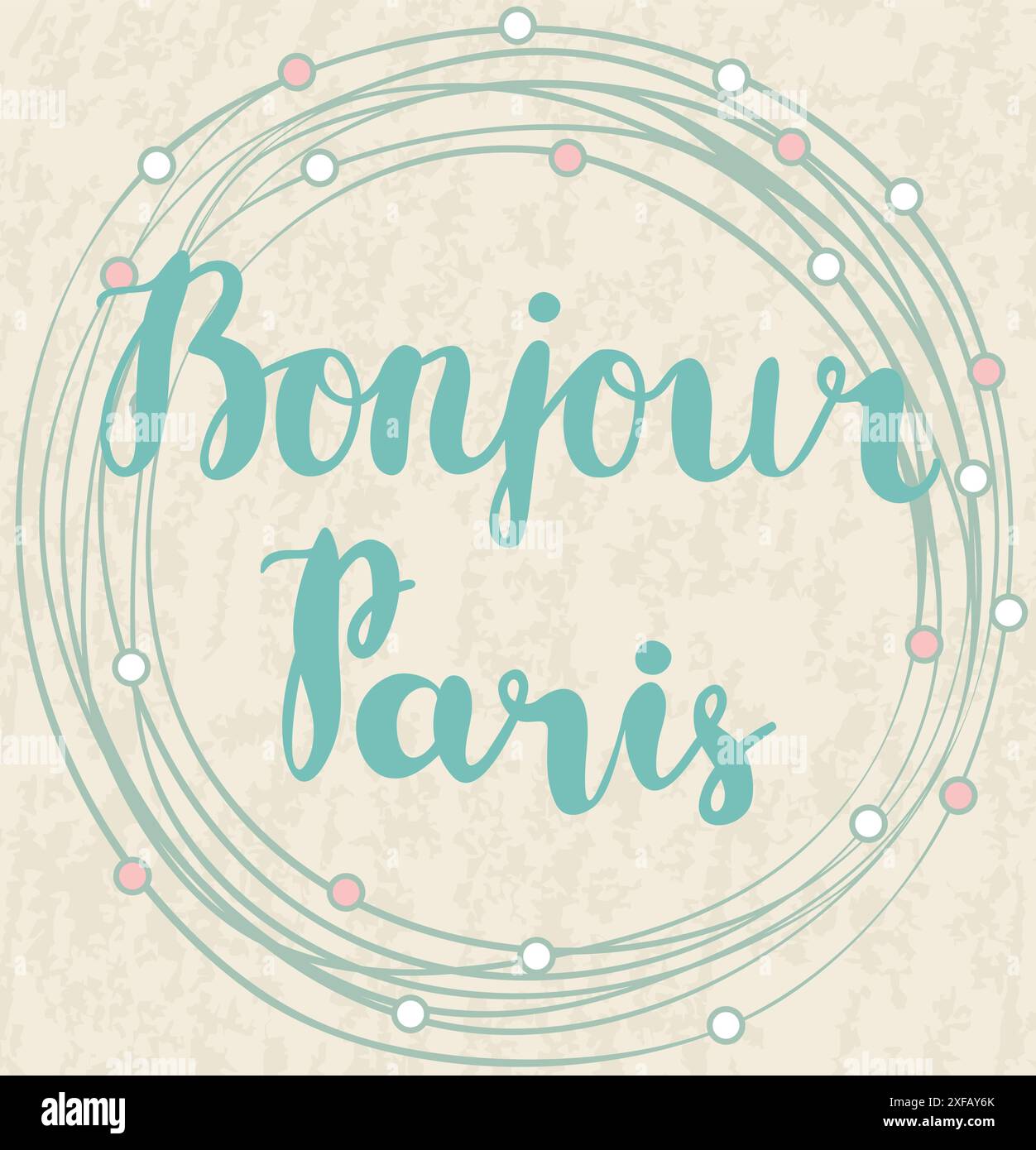 Handgezeichneter Satz Bonjour Paris. Isoliert auf beigefarbenem Hintergrund. Stock Vektor