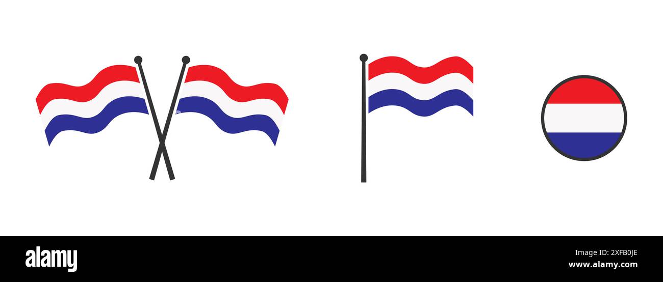 Flagge der Niederlande. Winkende Flagge der Niederlande. Holland, Niederländisch. Rundungssymbol. Flachvektorillustartion. Stock Vektor
