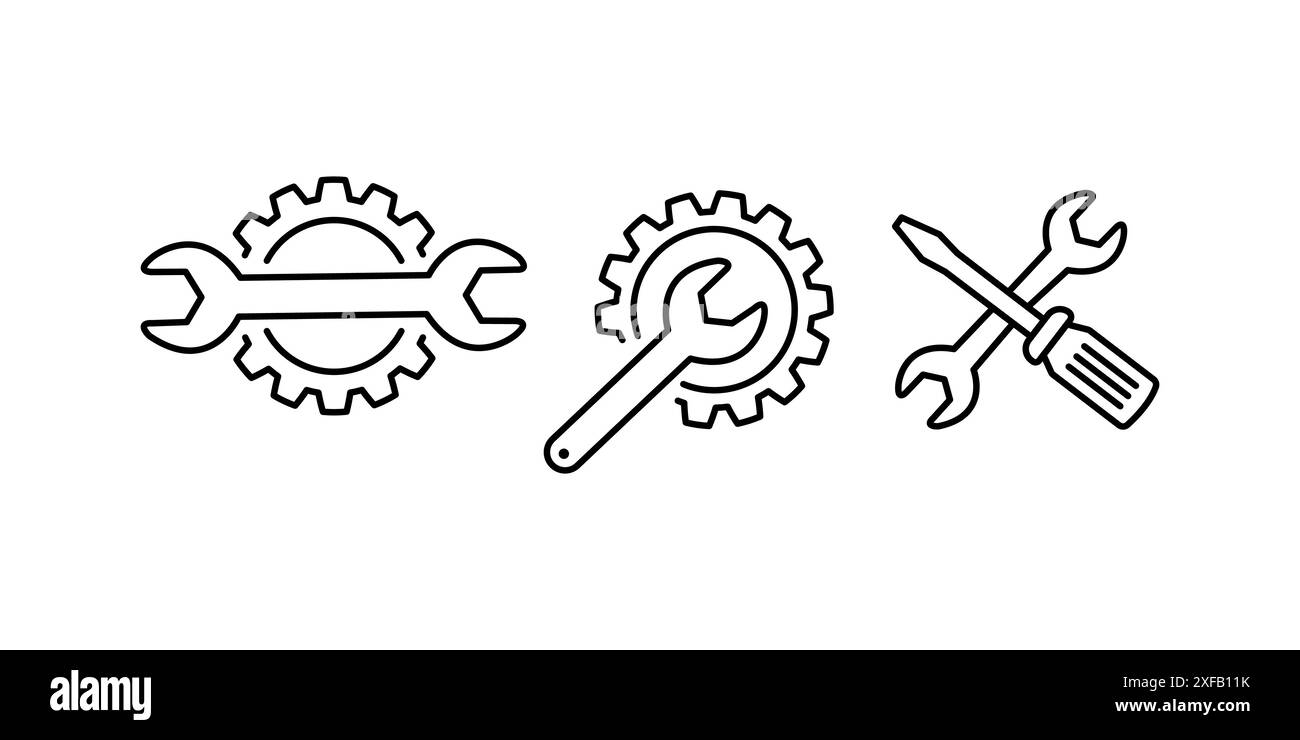 Servicesymbole eingestellt. Schraubenschlüssel, Schraubendreher und Zahnradsymbol. Vektorgrafik. Stock Vektor