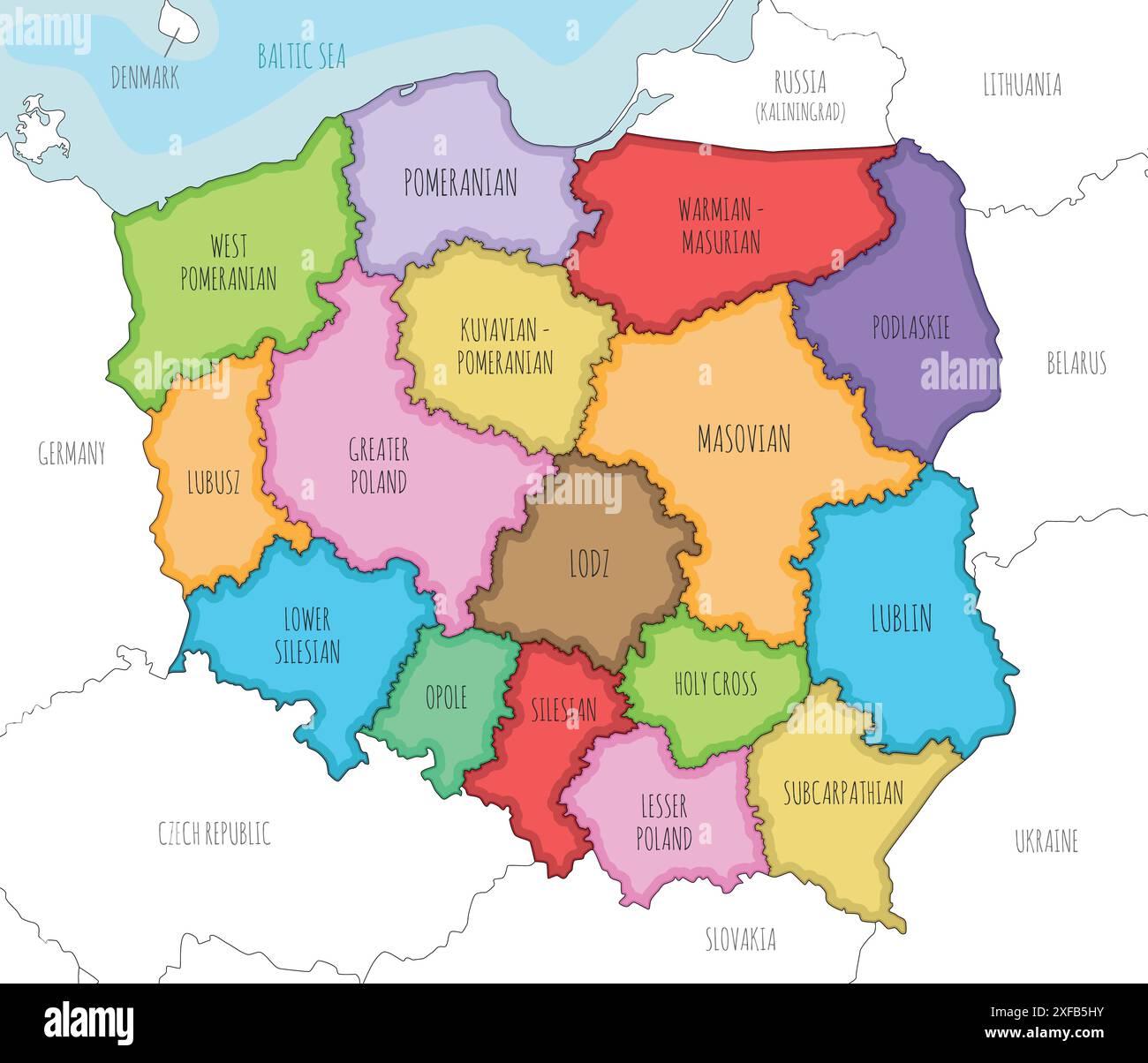 Vektor-illustrierte Karte von Polen mit Provinzen und Verwaltungseinheiten sowie Nachbarländern und Territorien. Bearbeitbar und eindeutig beschriftet Stock Vektor