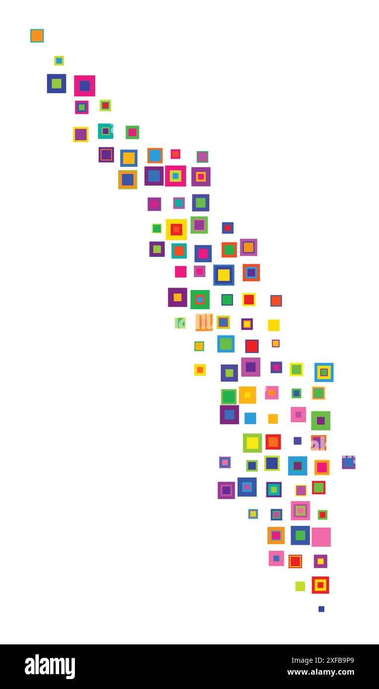 Symbol Karte des Bundesstaates Kerala (Indien). Abstrakte Karte, die den Bundesstaat/die Provinz mit einem Muster von sich überlappenden bunten Quadraten wie Süßigkeiten zeigt Stock Vektor