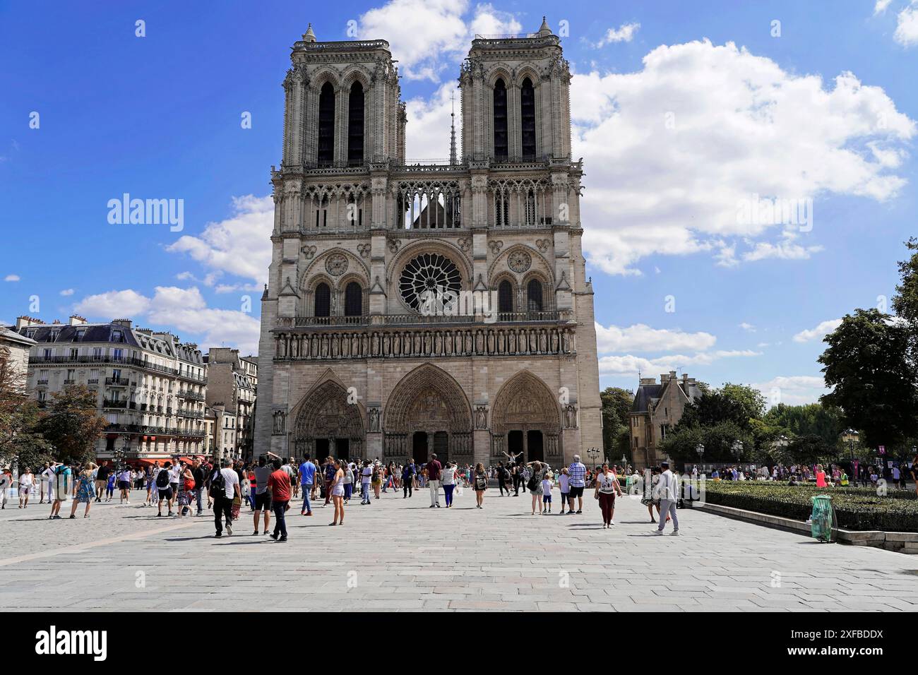 Kathedrale Notre Dame de Paris, Westfassade, Ile de la Cite, Paris, Frankreich, Europa, Weitwinkelansicht der Kathedrale mit vielen Besuchern auf einem großen Stockfoto