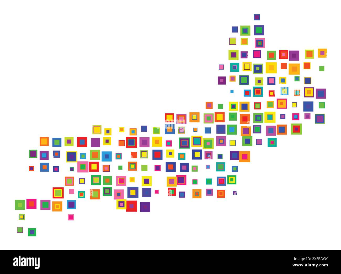 Symbol Karte des Bundesstaates Rio de Janeiro (Brasilien). Abstrakte Karte, die den Bundesstaat/die Provinz mit einem Muster von sich überlappenden bunten Quadraten wie Süßigkeiten zeigt Stock Vektor