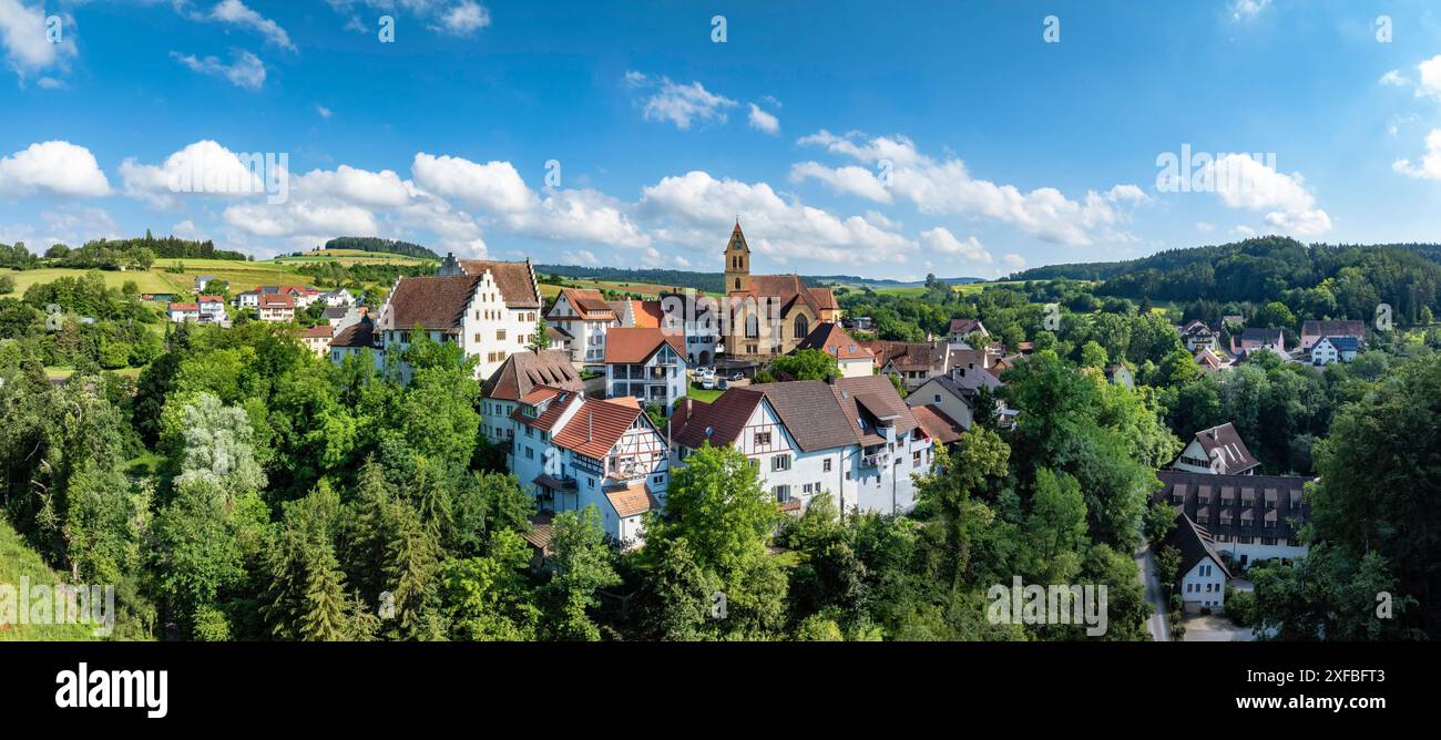 Aus der Vogelperspektive, Panorama, Blick auf das Blumenfeld, Stadtteil der südbadischen Stadt Tengen mit Blumenfeldschloss und Pfarrkirche St. Stockfoto