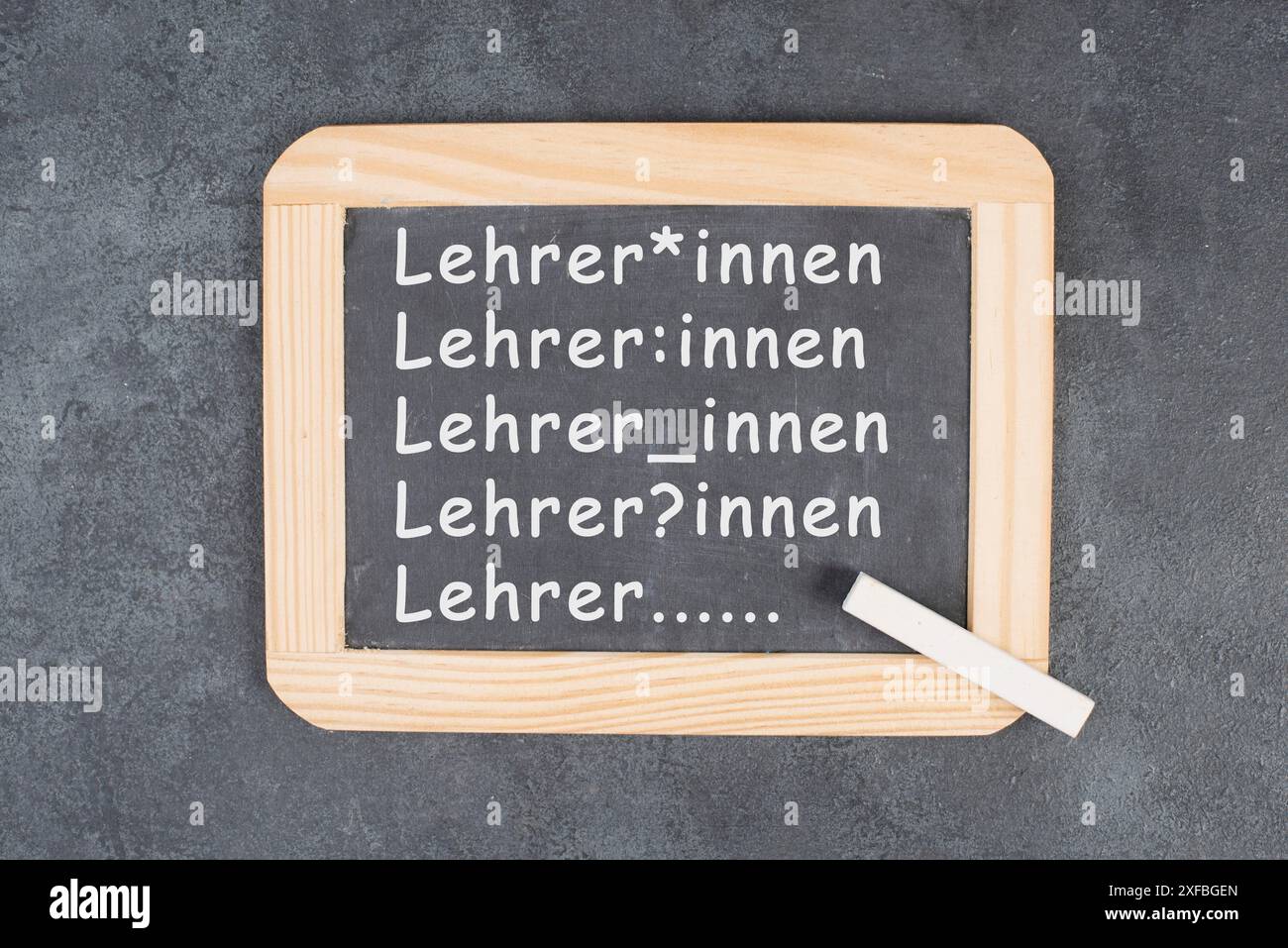 Geschlechtersprache, die sich mit der weiblichen, männlichen und vielfältigen Identität des Lehrers befasst, auf deutsch Lehrer genannt, Geschlechterstar, Gleichheit, Integration und Kommunikation Stockfoto