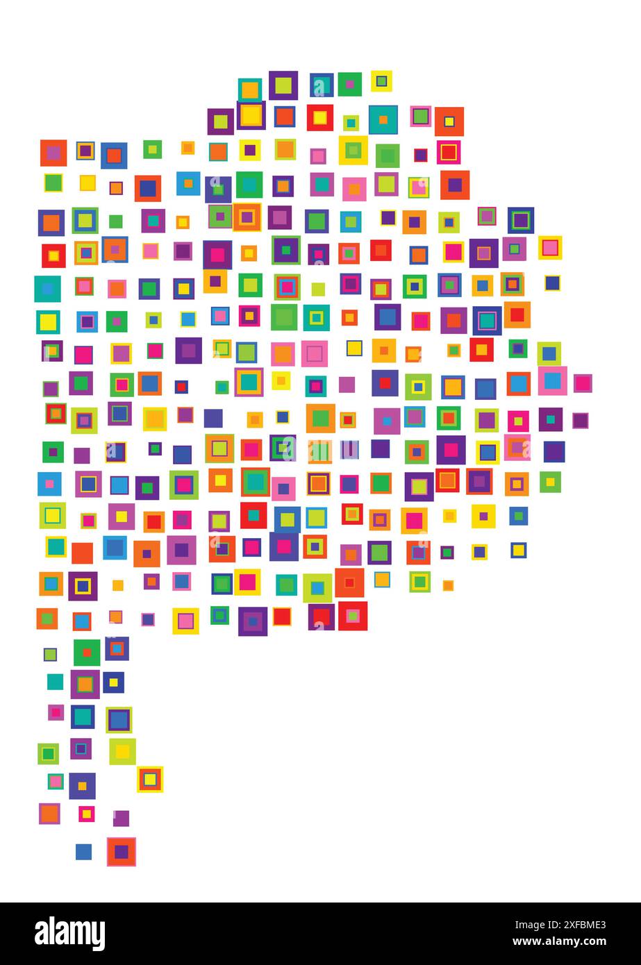 Symbolkarte des Bundesbezirks Buenos Aires (Argentinien). Abstrakte Karte, die den Bundesstaat/die Provinz mit einem Muster von sich überlappenden bunten Quadraten li zeigt Stock Vektor