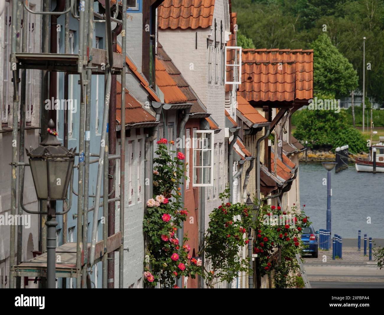 Enge Straße in der Altstadt mit Häusern, Rosenbüschen und Blick auf einen Fluss unter bewölktem Himmel, flensburg, schleswig-holstein, deutschland Stockfoto