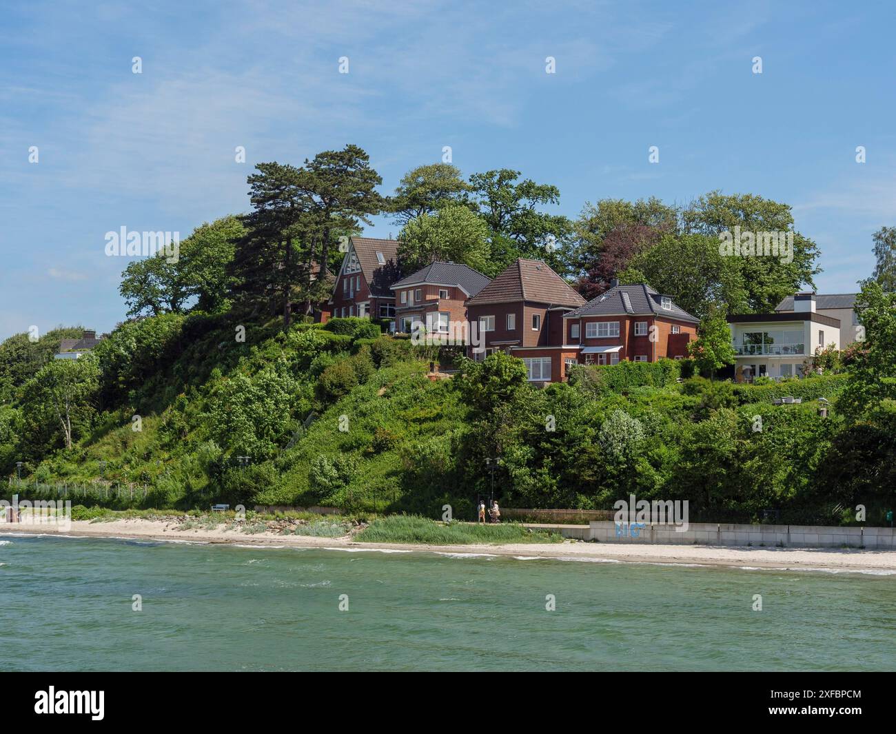 Häuser auf einem bewaldeten Hügel mit angrenzendem Strand und Meer, flensburg, schleswig-holstein, deutschland Stockfoto