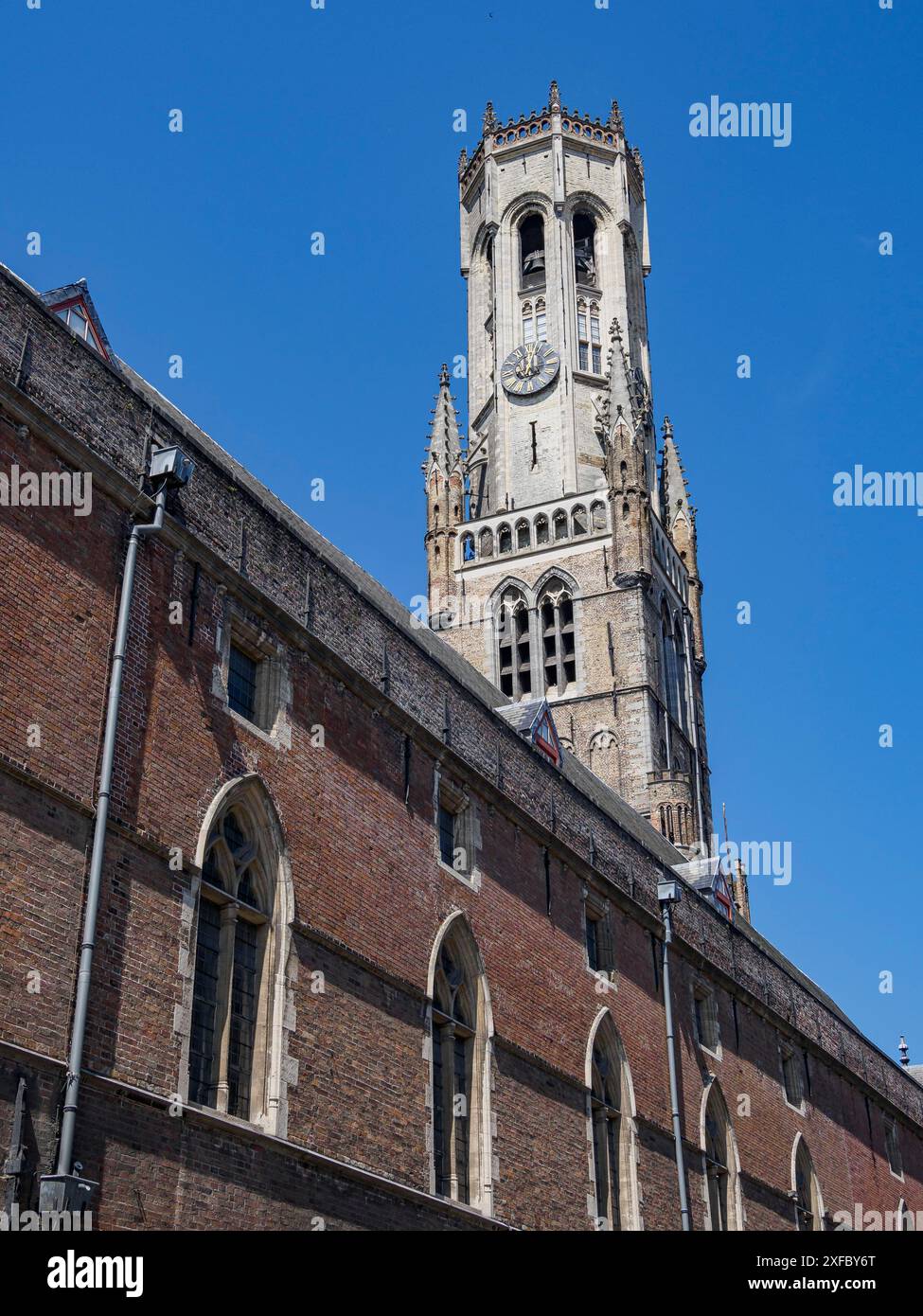 Historischer Backsteinglockenturm im gotischen Stil, der in den blauen Himmel ragt, Brügge, Flandern, Belgien Stockfoto