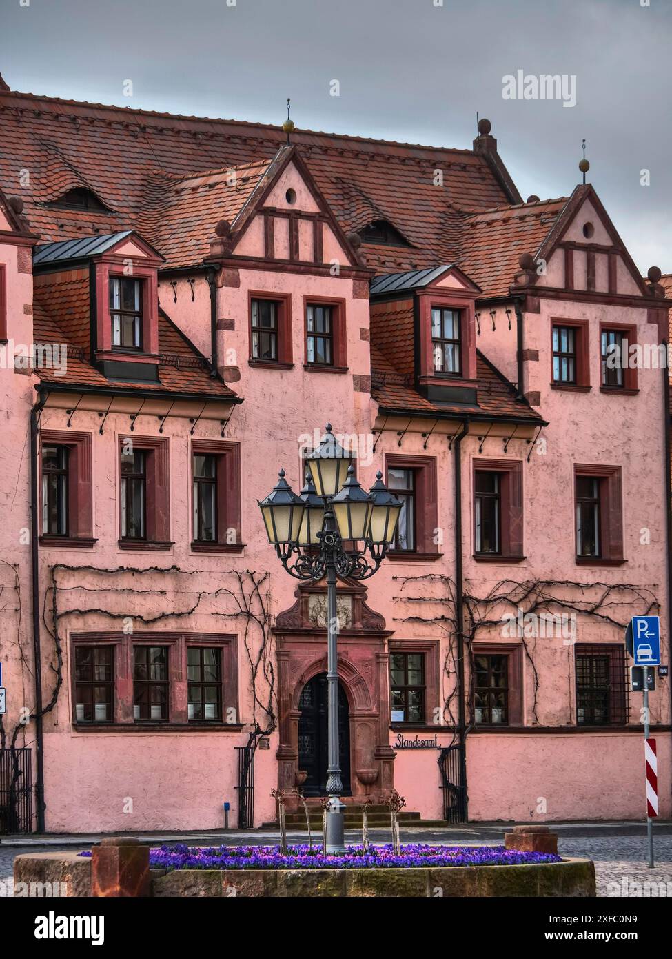 Rosafarbenes historisches Gebäude mit dekorativer Fassade und Laternen in einer leeren Straße unter bewölktem Himmel, grimma, dresden Stockfoto