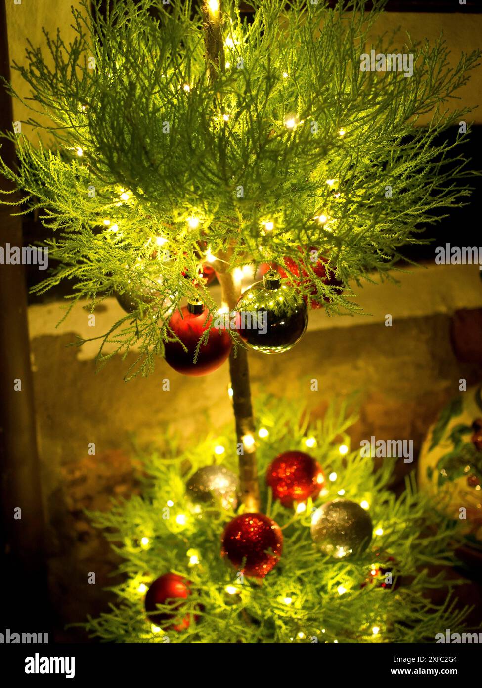 Kleiner Weihnachtsbaum mit Feenlichtern und Kugeln, festliche Atmosphäre, kandel, deutschland Stockfoto