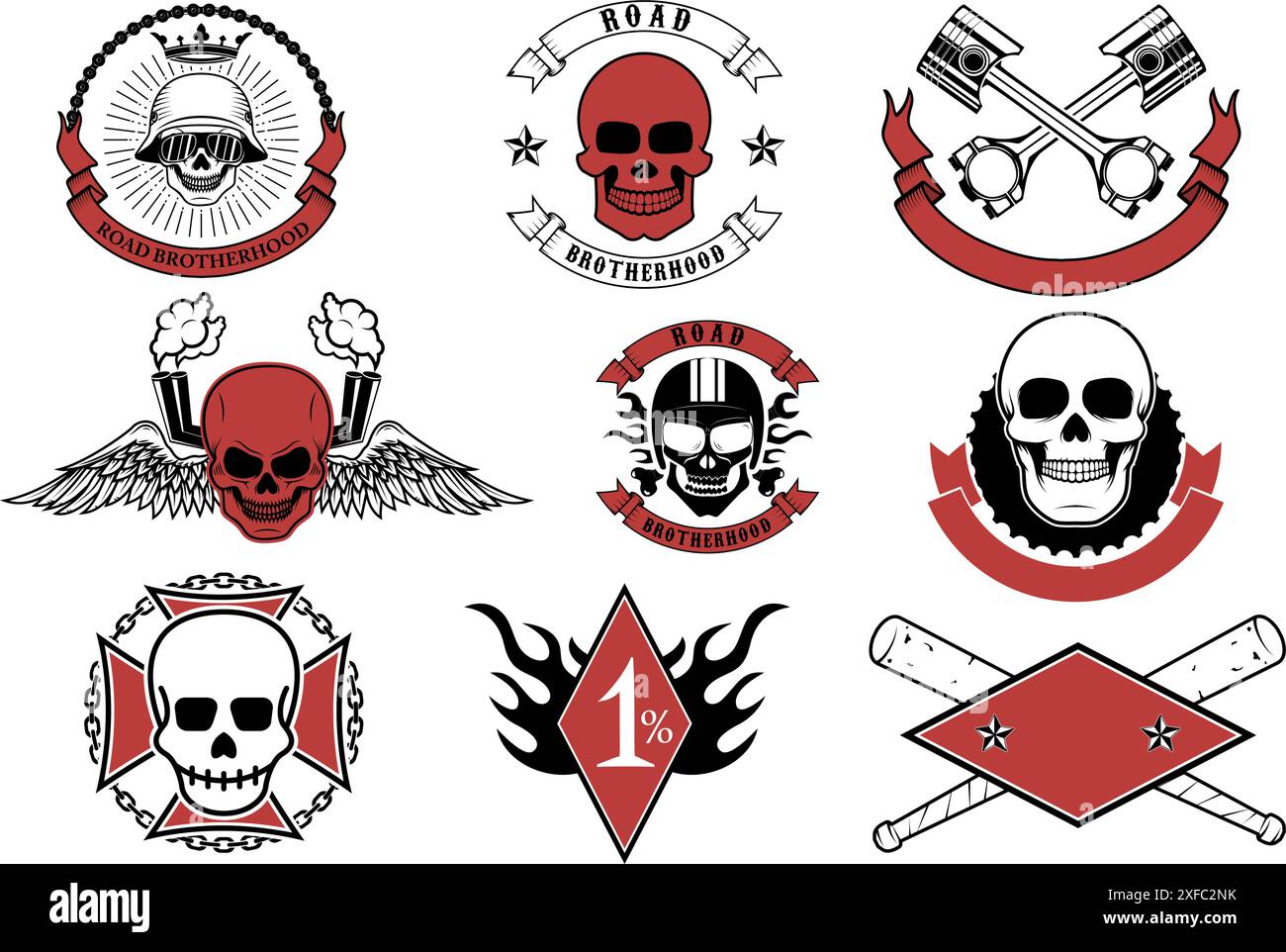 Rennsymbole. Racer Skulls. Biker Skulls Embleme. Vektordesign-Elemente und Vorlagen für Etiketten, Logos, Embleme, Abzeichen, Zeichen. Stock Vektor