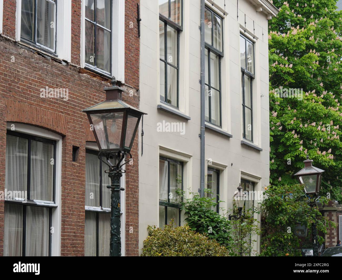 Gasse mit alten Häusern und grüner Vegetation, beleuchtet durch eine historische Gassenlampe, Leiden, Niederlande Stockfoto