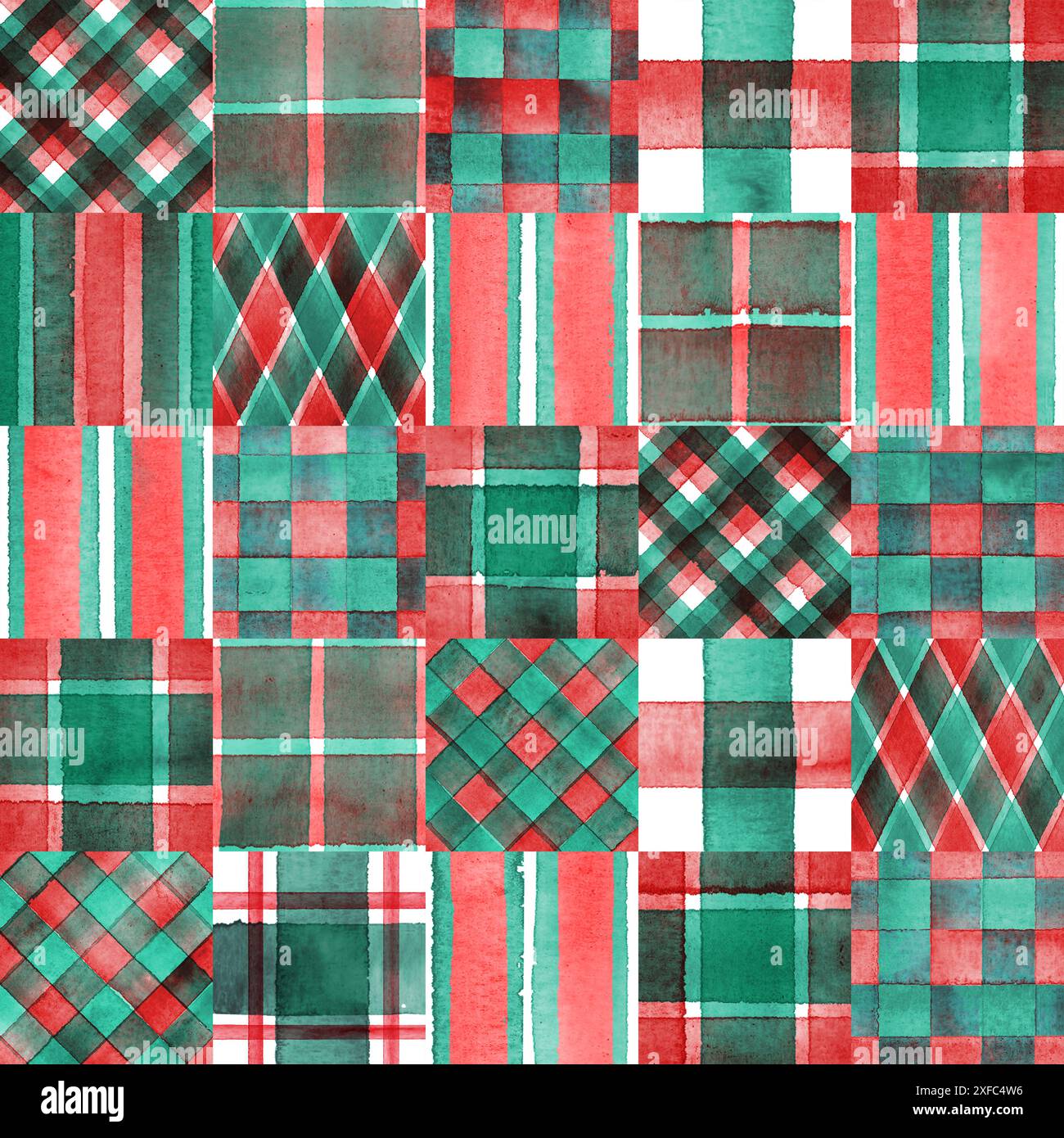 Nahtloses Karomuster mit Streifen in Aquarellfarben. Roter und grüner weihnachtlicher Flickentuch Hintergrund. Handgezeichnetes, gestreiftes Aquarell. Für Stoffdesign drucken Stockfoto