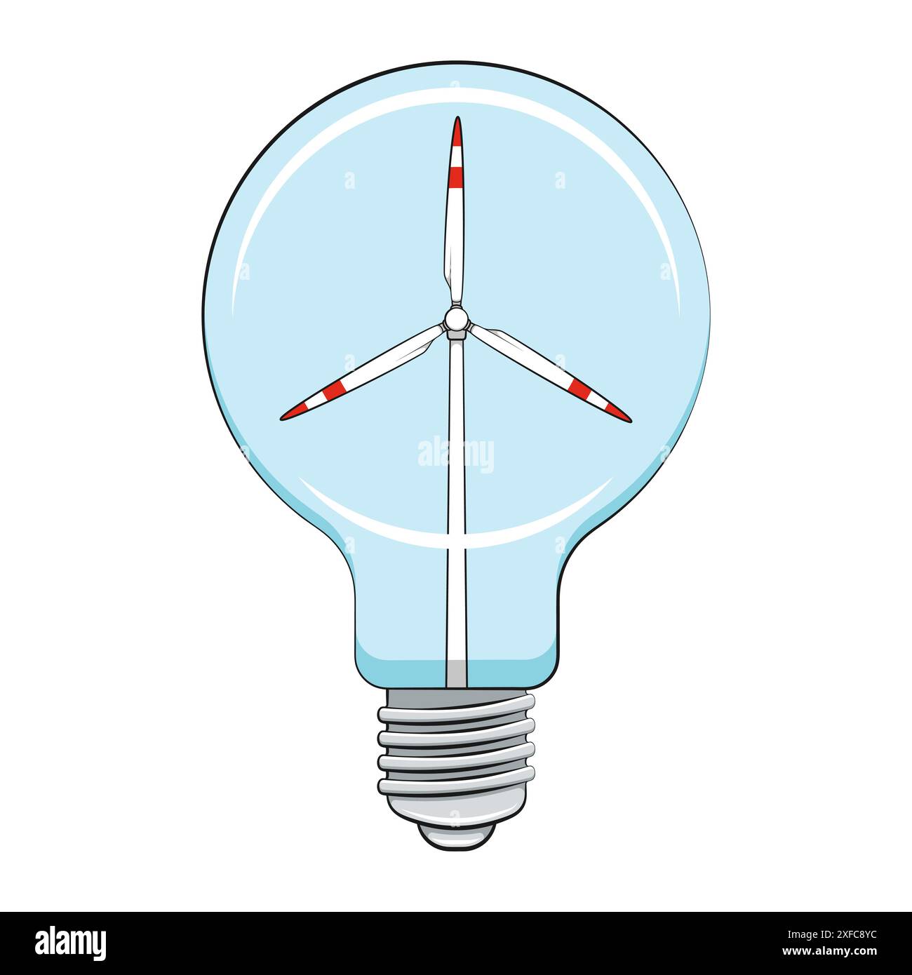 Farbige Illustration Glühlampe mit Windturbine, Windmühle. Isoliertes Vektorobjekt auf weißem Hintergrund. Stock Vektor