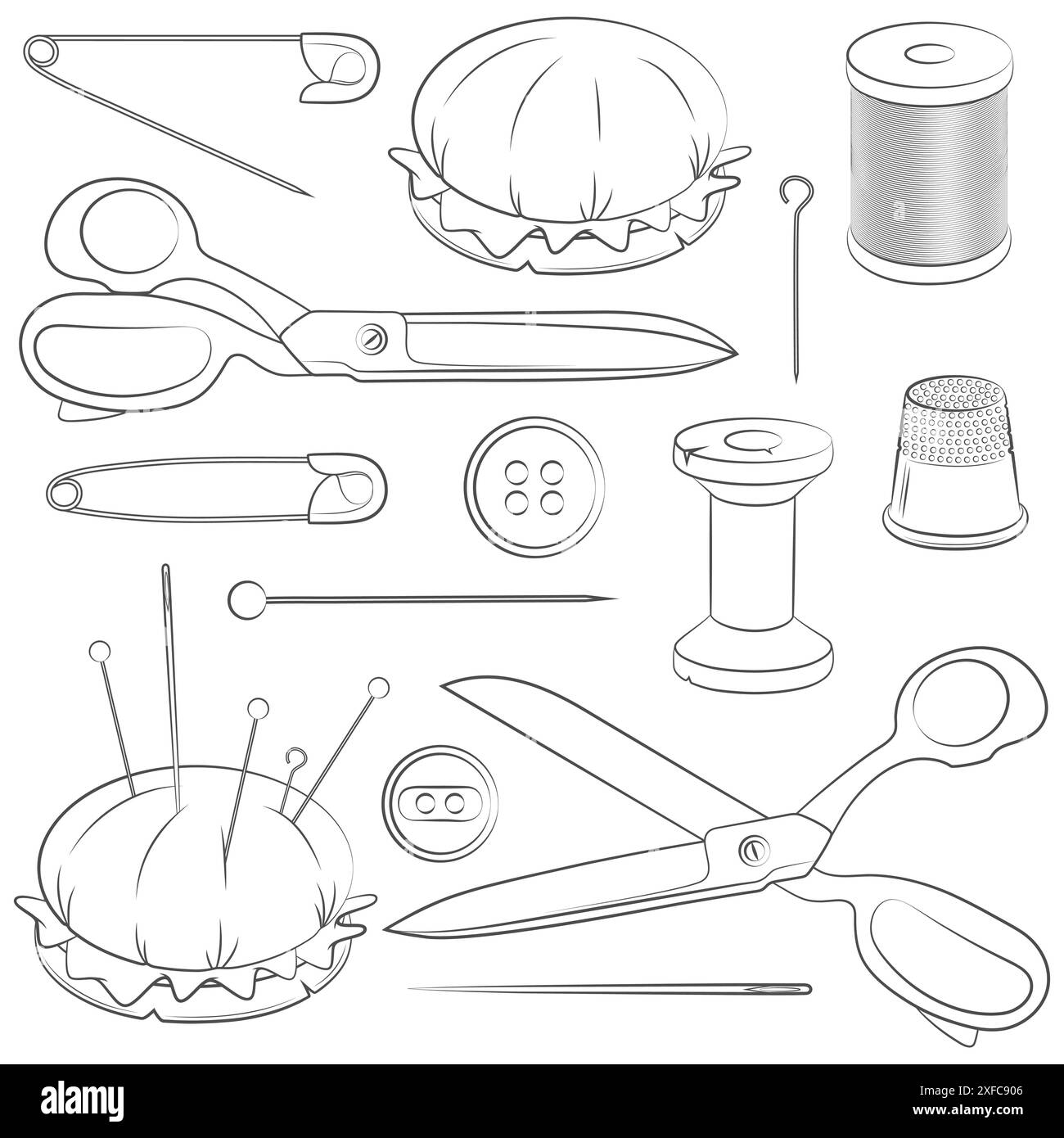 Satz Schwarzweiß-Abbildungen mit Nähzubehör. Isolierte Vektorobjekte auf weißem Hintergrund. Stock Vektor
