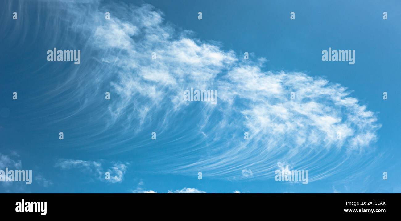 Schneebedeckte Zirruspunkte hoch am blauen Himmel, wobei die Herbststreifen von verschiedenen Windgeschwindigkeiten gekrümmt werden. Lateinischer Name: Cirrus floccus virga. Stockfoto