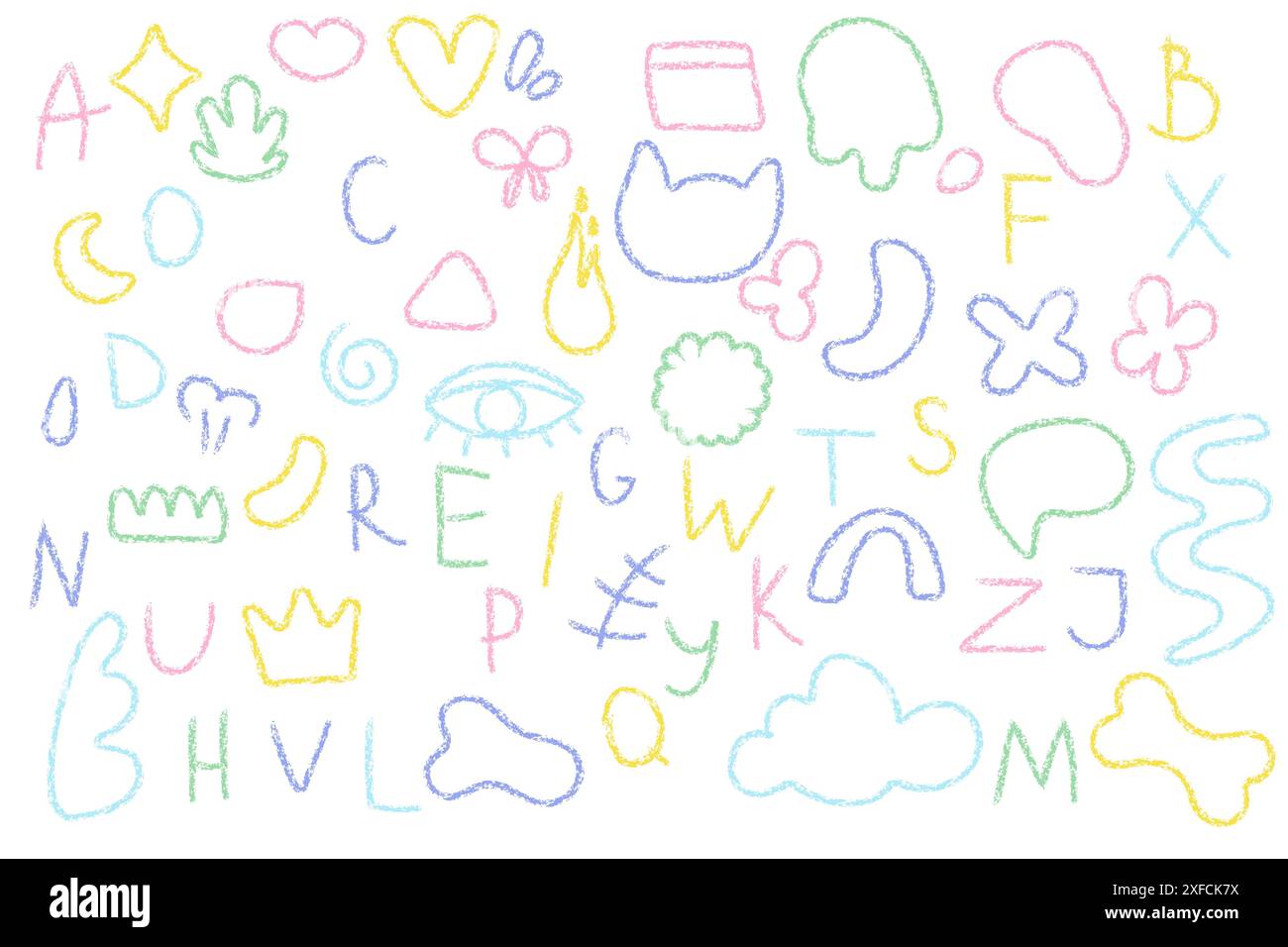 Farbige Elemente, Buchstaben, Alphabet, Wachsstift-Kritzeleien, Kinderzeichnungen auf weißem Hintergrund. Vektor Stock Vektor