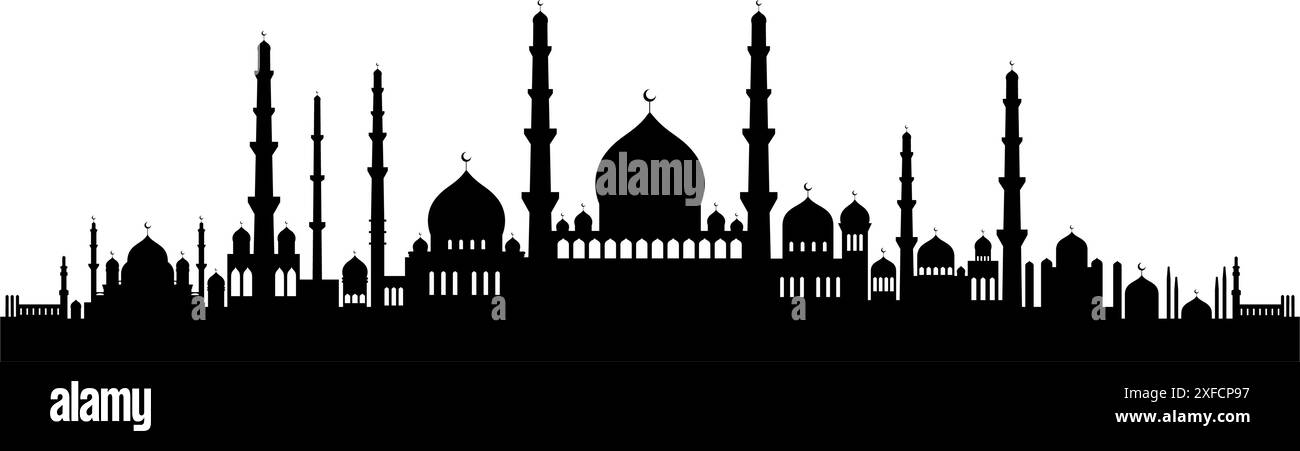 Schwarze Silhouette der Moschee in arabischer Architektur. Moscheedach, islamisches Stadtpanorama und Silhouetten der Minarett-Skyline für islamische Feiertage Ramadan, Eid Stock Vektor