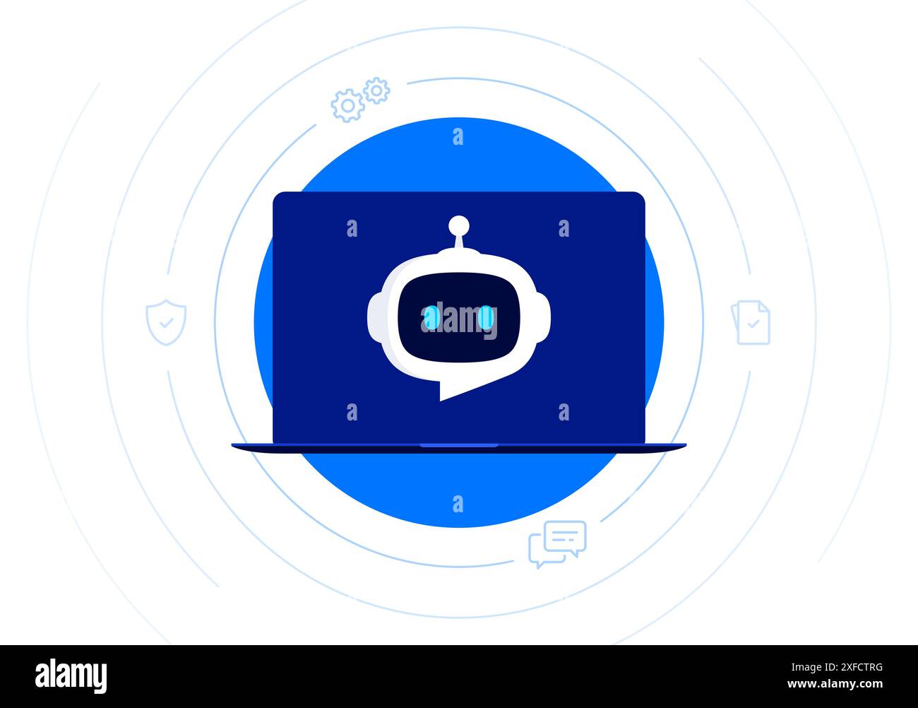 Roboterkopf mit Sprechblase im Laptop-Bildschirm Stock Vektor