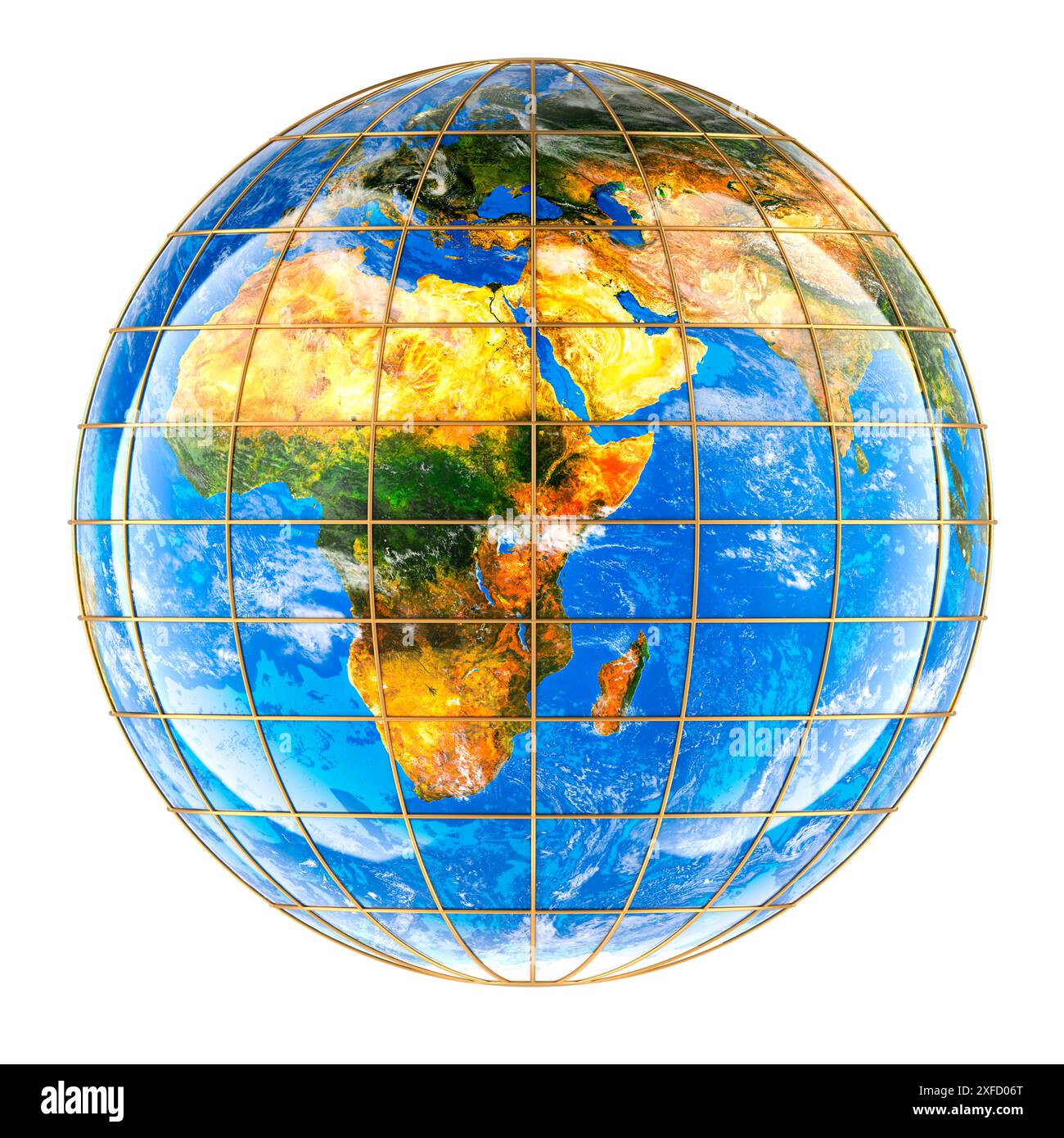 Erdkugel, Blick auf Afrika mit Meridianen und Parallelen. 3D-Rendering isoliert auf weißem Hintergrund Stockfoto