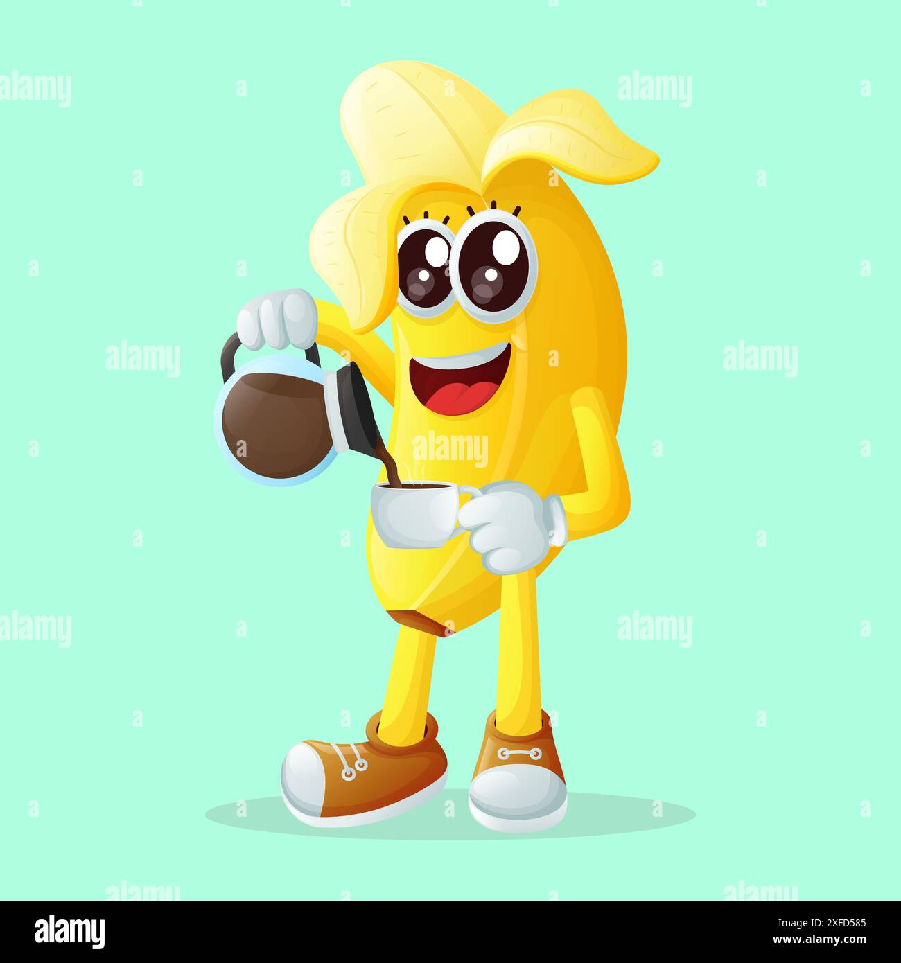 Niedliche Bananenfigur, die Kaffee ausgießt. Perfekt für Kinder, Merchandise und Aufkleber, Werbebanner oder Blogs Stock Vektor