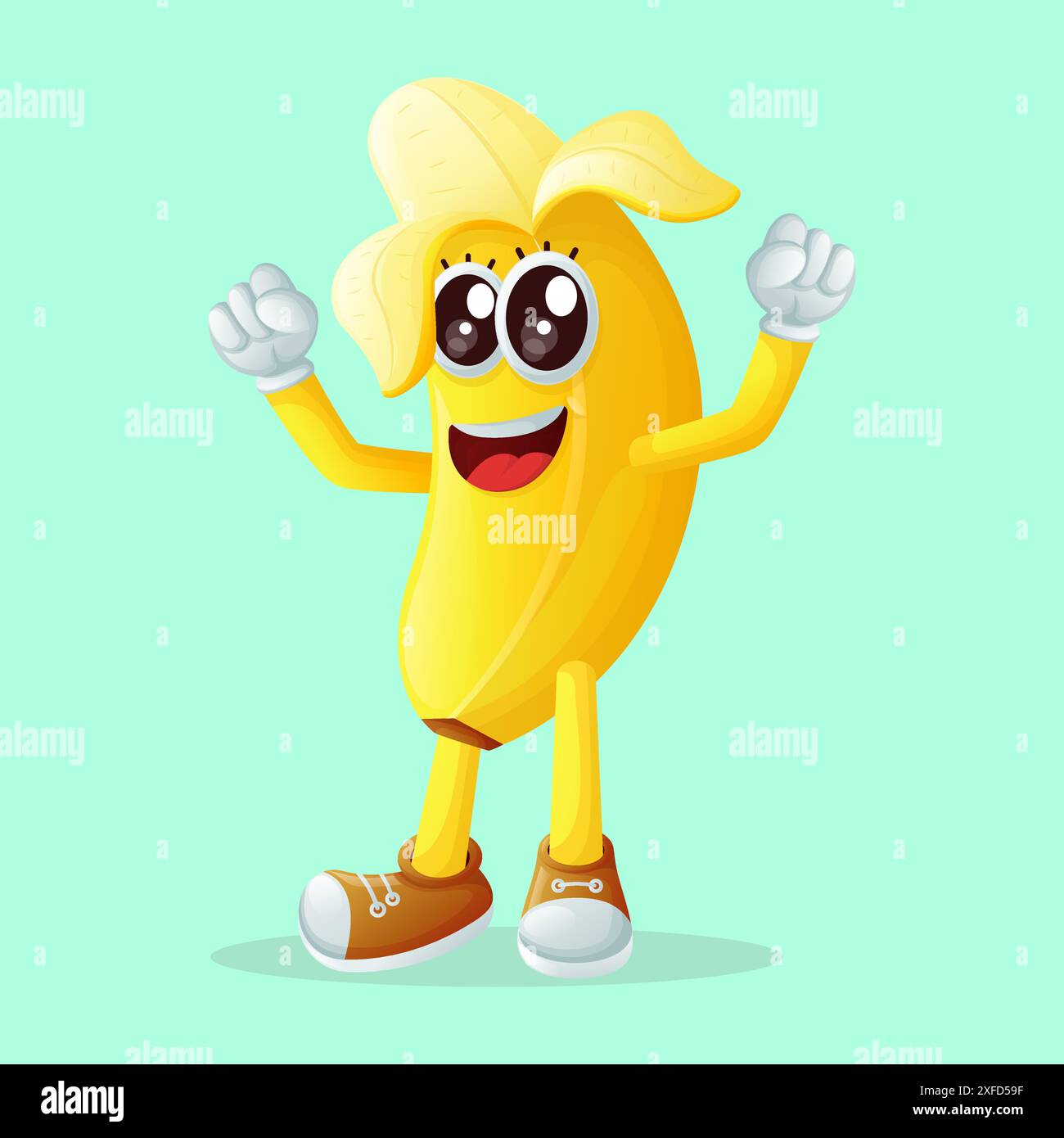 Niedliche Bananenfigur, die mit der Hand ein Siegeszeichen macht. Perfekt für Kinder, Merchandise und Aufkleber, Werbebanner oder Blogs Stock Vektor