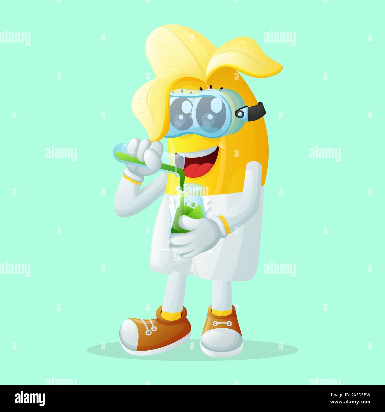 Niedliche Bananenfigur als Wissenschaftler. Perfekt für Kinder, Merchandise und Aufkleber, Werbebanner oder Blogs Stock Vektor