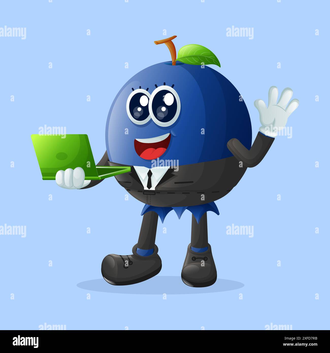 Niedliche Blaubeerfigur, die am Computer geschrieben wird. Perfekt für Kinder, Merchandise und Aufkleber, Werbebanner oder Blogs Stock Vektor