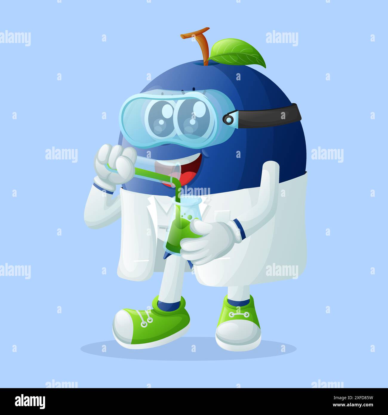 Niedliche Blaubeerfigur als Wissenschaftler. Perfekt für Kinder, Merchandise und Aufkleber, Werbebanner oder Blogs Stock Vektor