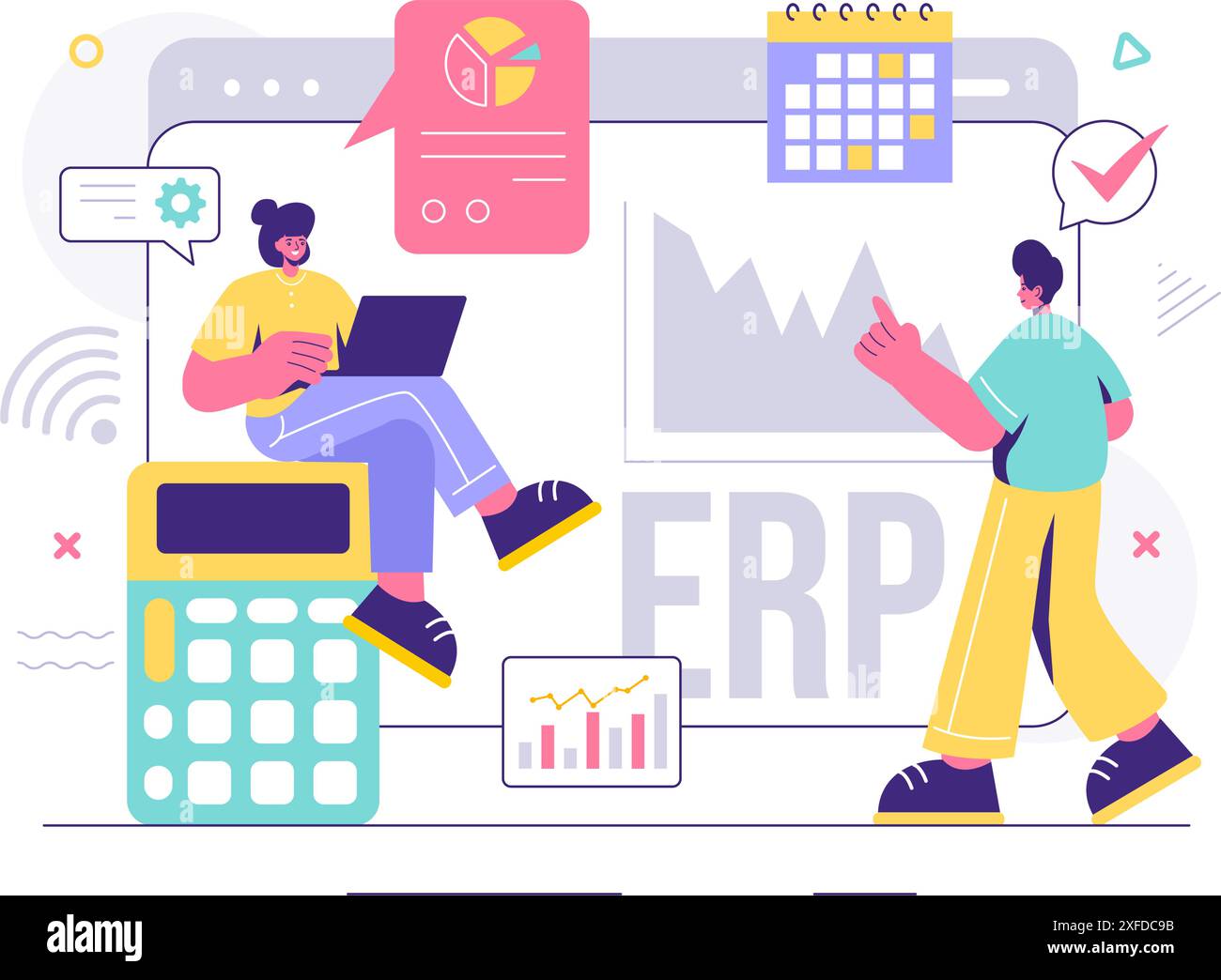ERP Enterprise Resource Planning System Vektor-Illustration mit Business Integration, Produktivität und Unternehmenserweiterung auf einem flachen Hintergrund Stock Vektor