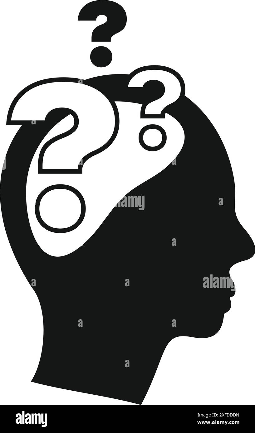 Schwarz-weiße Kopfsilhouette mit Fragezeichen, die eine Person darstellt, die nach einer Lösung für ein Problem denkt und sucht Stock Vektor
