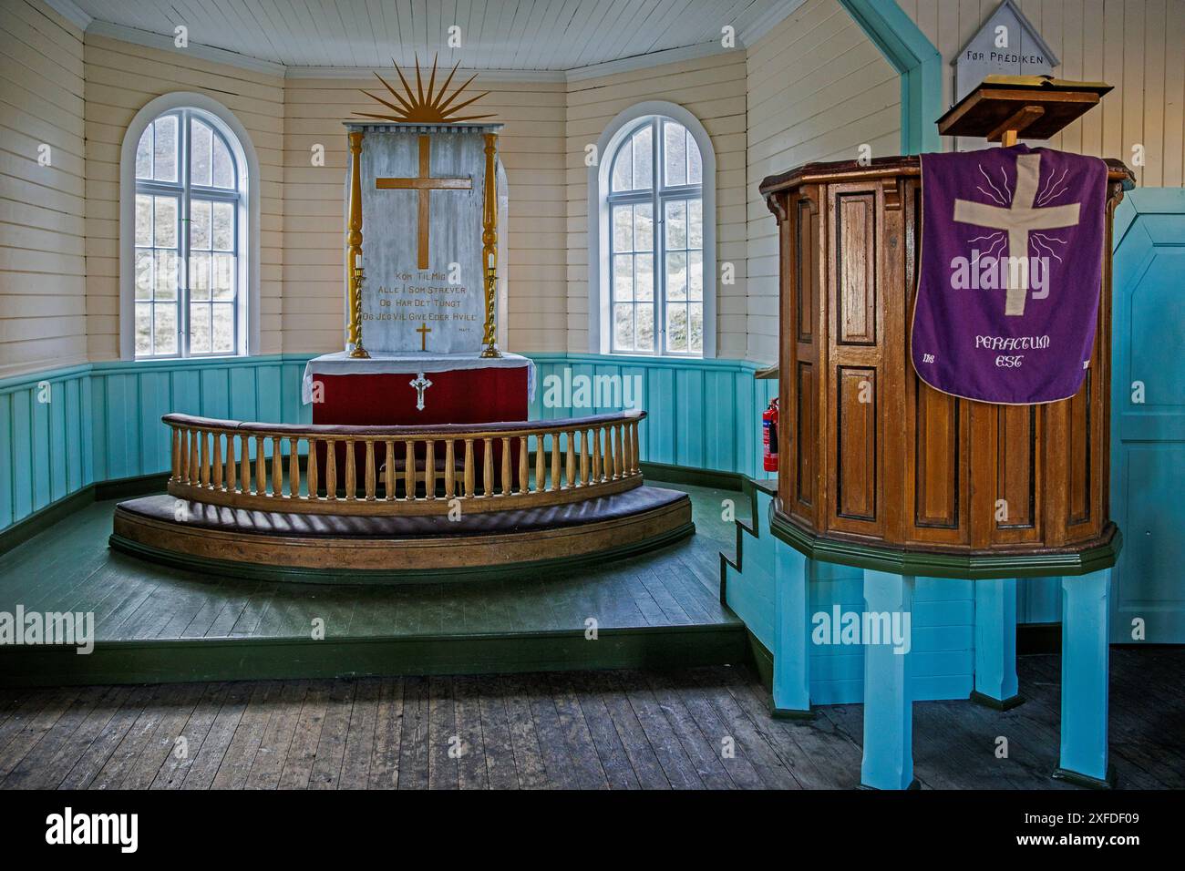 Norwegische Anglikanische Kirche, Grytviken, King Edward Cove, Südgeorgien, Dienstag, November 2023. Foto: David Rowland / One-Image.com Stockfoto