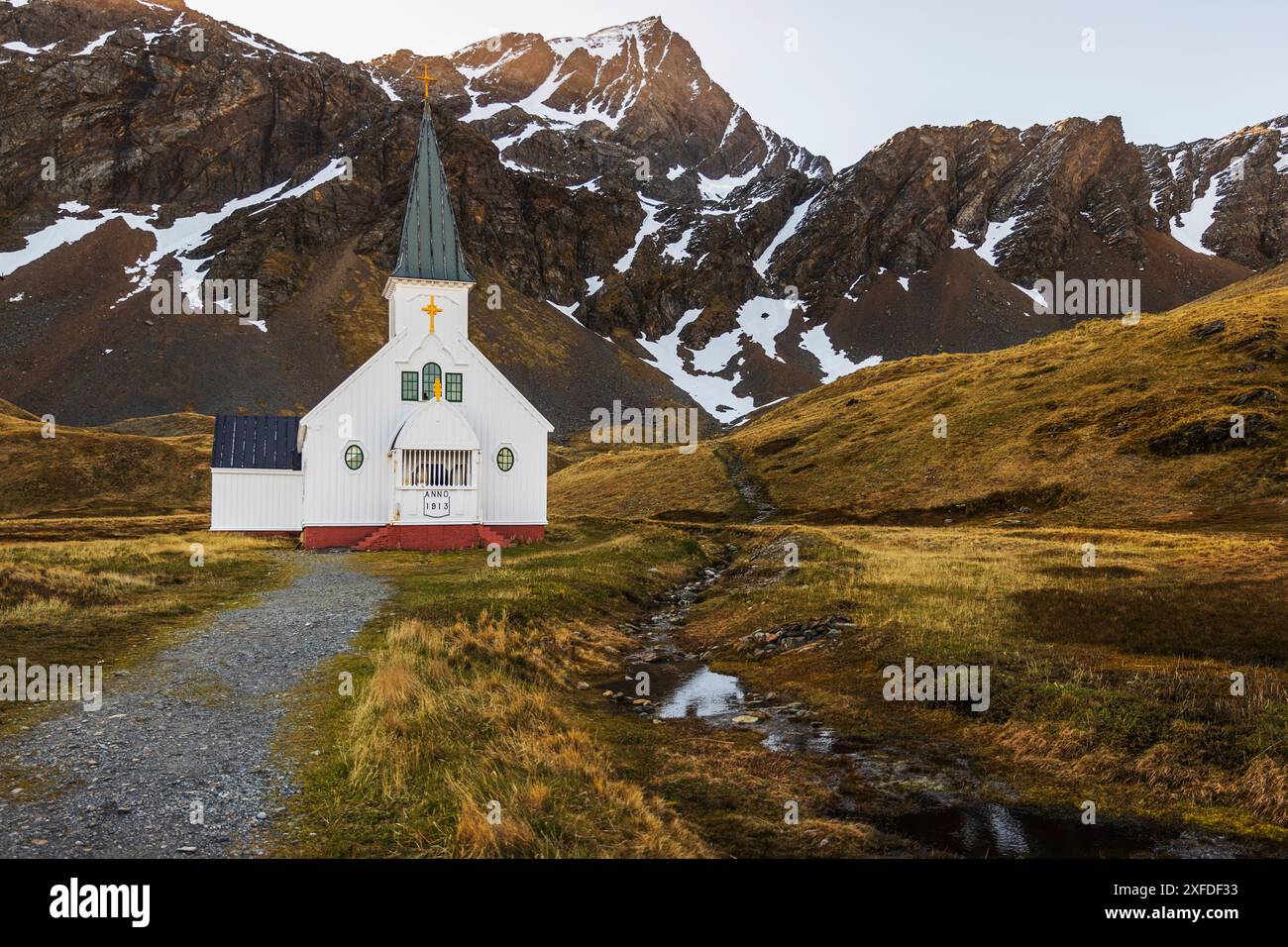 Norwegische Anglikanische Kirche, Grytviken, King Edward Cove, Südgeorgien, Dienstag, November 2023. Foto: David Rowland / One-Image.com Stockfoto