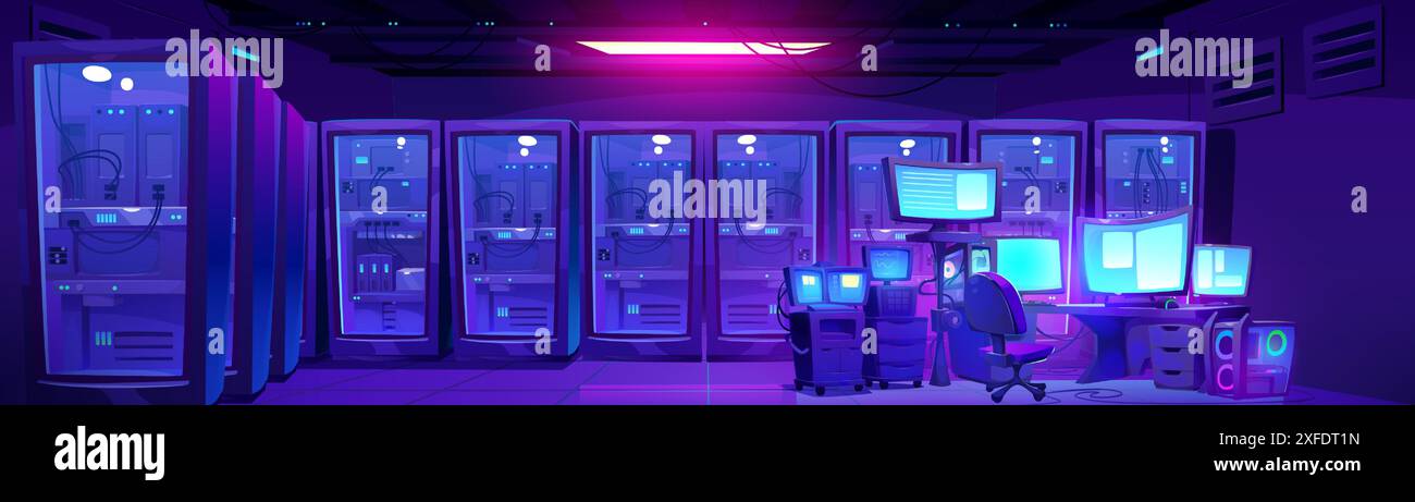 Modernes Rechenzentrum mit Administratorarbeitsplatz. Vektor-Karikaturillustration des dunklen Raumes mit Desktop-Computern, Informationstechnologie-Ausrüstung für Cloud-Speicher, Cyber-Sicherheitskontrolle, Krypto-Mining Stock Vektor