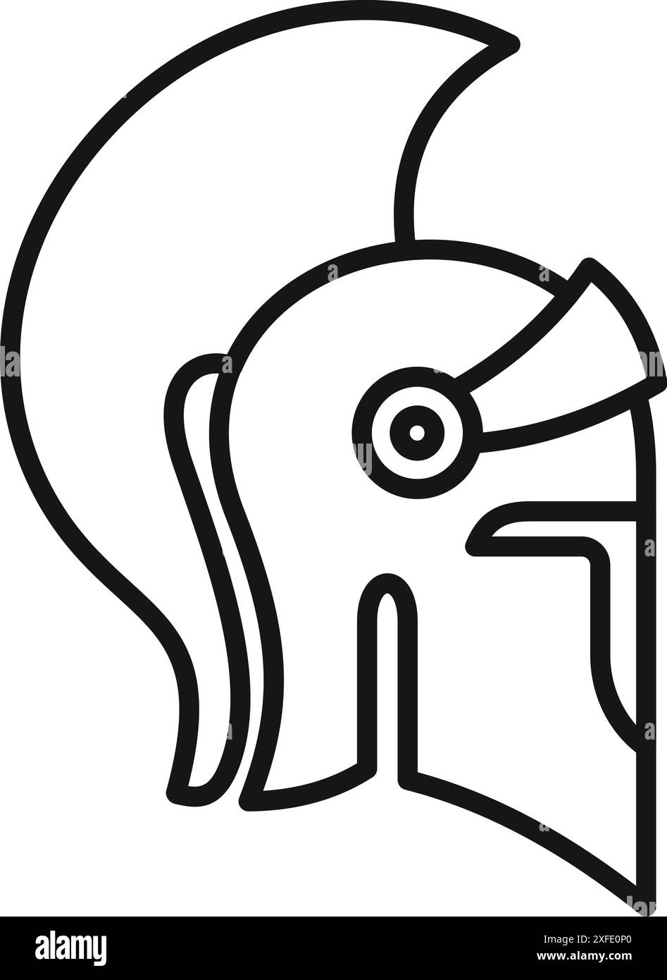 Antike griechische Helm mit Plume Line Symbol, Armeesymbol, Kriegervektorzeichen auf weißem Hintergrund Stock Vektor