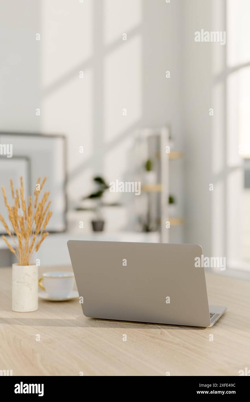 Ein Nahbild eines Laptops, eine Keramikvase mit Pampasgras und eine Kaffeetasse auf einem Holztisch in einem minimalistischen weißen Raum. 3D-Rendering, 3D Stockfoto