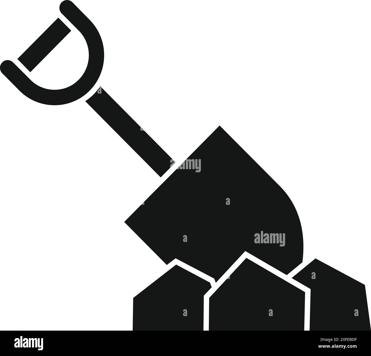 Schwarze Silhouette einer Schaufel, die in einen Steinhaufen gräbt und für Bauarbeiten oder Gartenarbeiten steht Stock Vektor