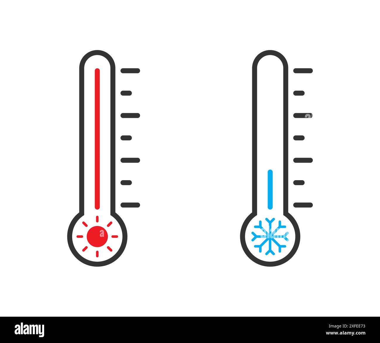 Thermometersymbol. Wetterschild. Temperatursymbol. Symbol für Temperaturskala. Kalte und heiße Symbole. Illustration des flachen Vektors. Stock Vektor