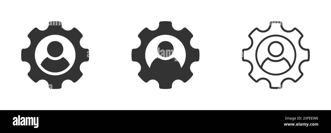 Symbol „Mann in Gang“. Mann-und-Zahnrad-Zeichen. Illustration des flachen Vektors. Stock Vektor