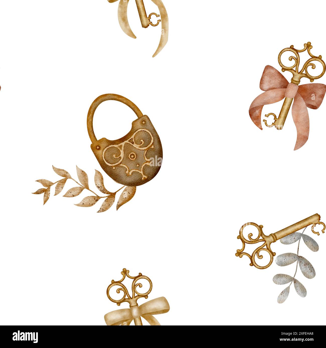 Nahtloses Muster Aquarell von Schloss, Schlüssel, Bogen, Pflanzen. Vintage-Illustration für Textilien, Stoffe, Kleidung, Verpackung Stockfoto