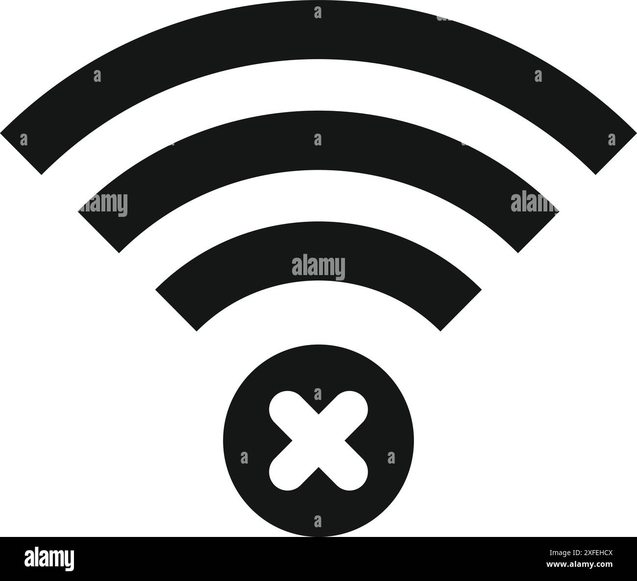 Schwarz-weißes Symbol für ein wlan-Signal mit einem Kreuz, das anzeigt, dass keine Internetverbindung besteht Stock Vektor