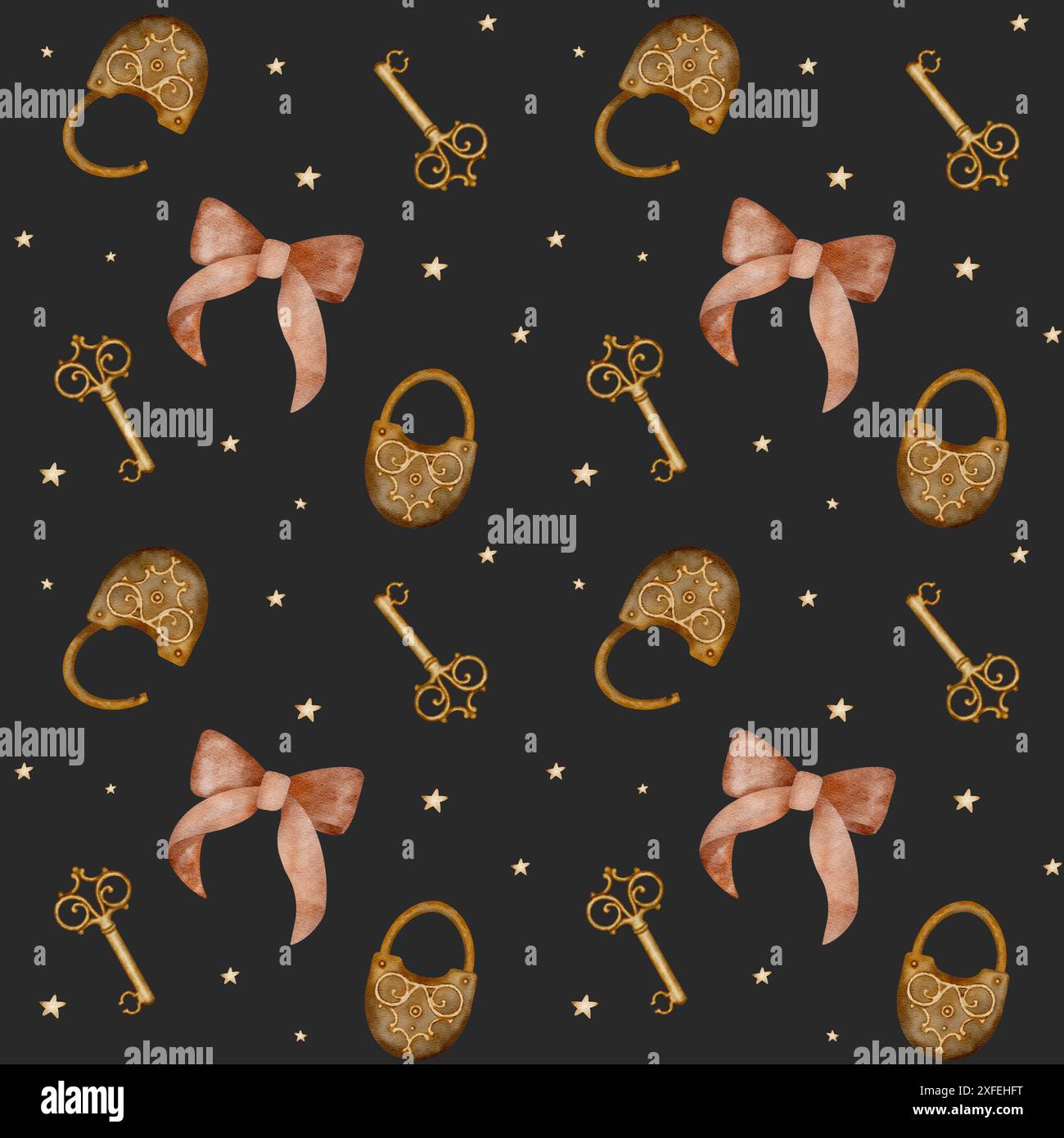 Alte Burg mit Aquarellmuster, Schlüssel, Bögen, Sterne. Illustration auf dunklem Hintergrund für Textilien, Stoffe, Kleidung, Verpackung, Karten Stockfoto