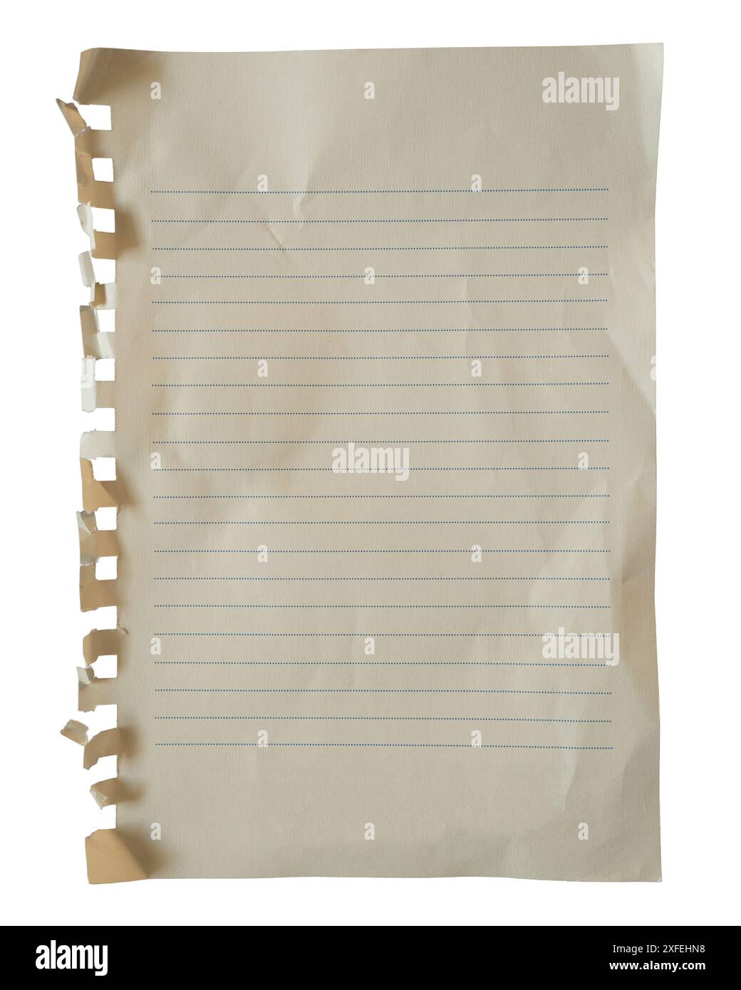 Herausgezogenes, ringliniertes Notizbuchpapier auf weißem Hintergrund mit Schneidepfad Stockfoto