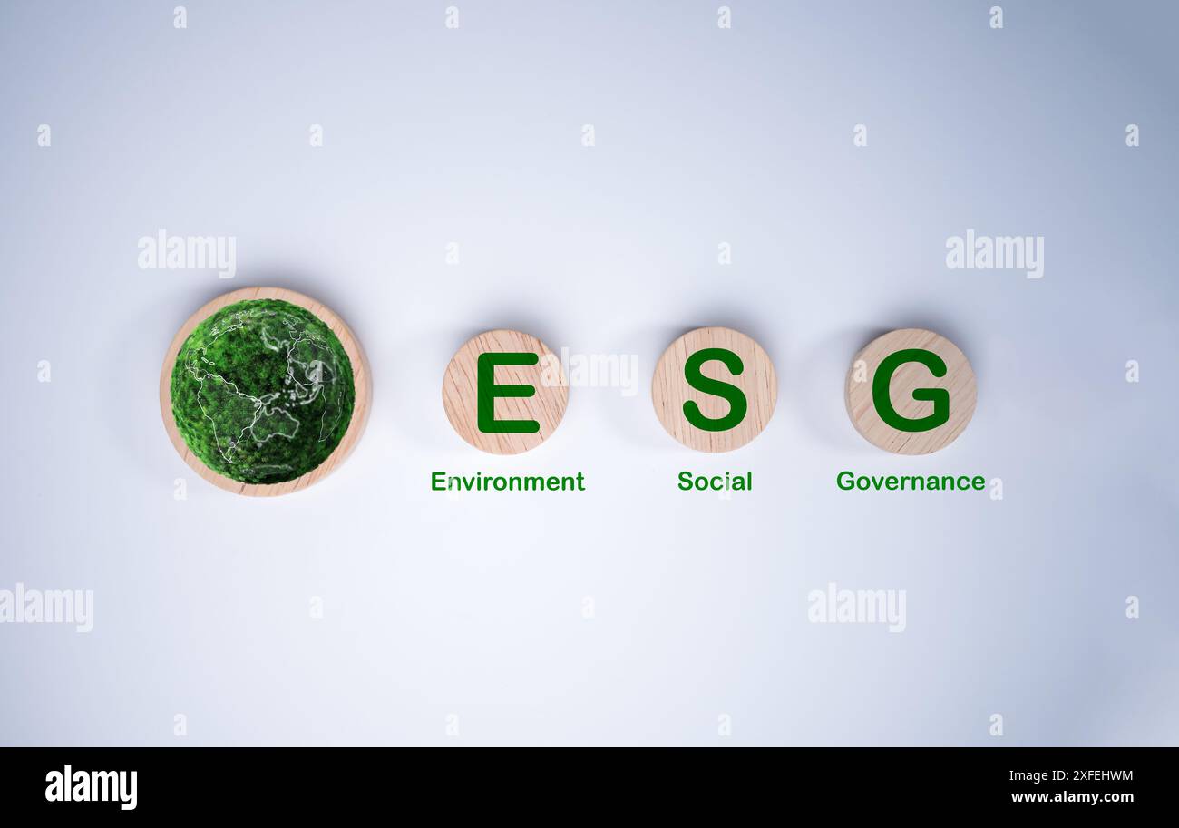 Eine runde Holzplatte mit der Abkürzung ESG auf hellweißem Hintergrund, ESG-Konzepte für nachhaltige Umwelt, Gesellschaft und Regierung Stockfoto
