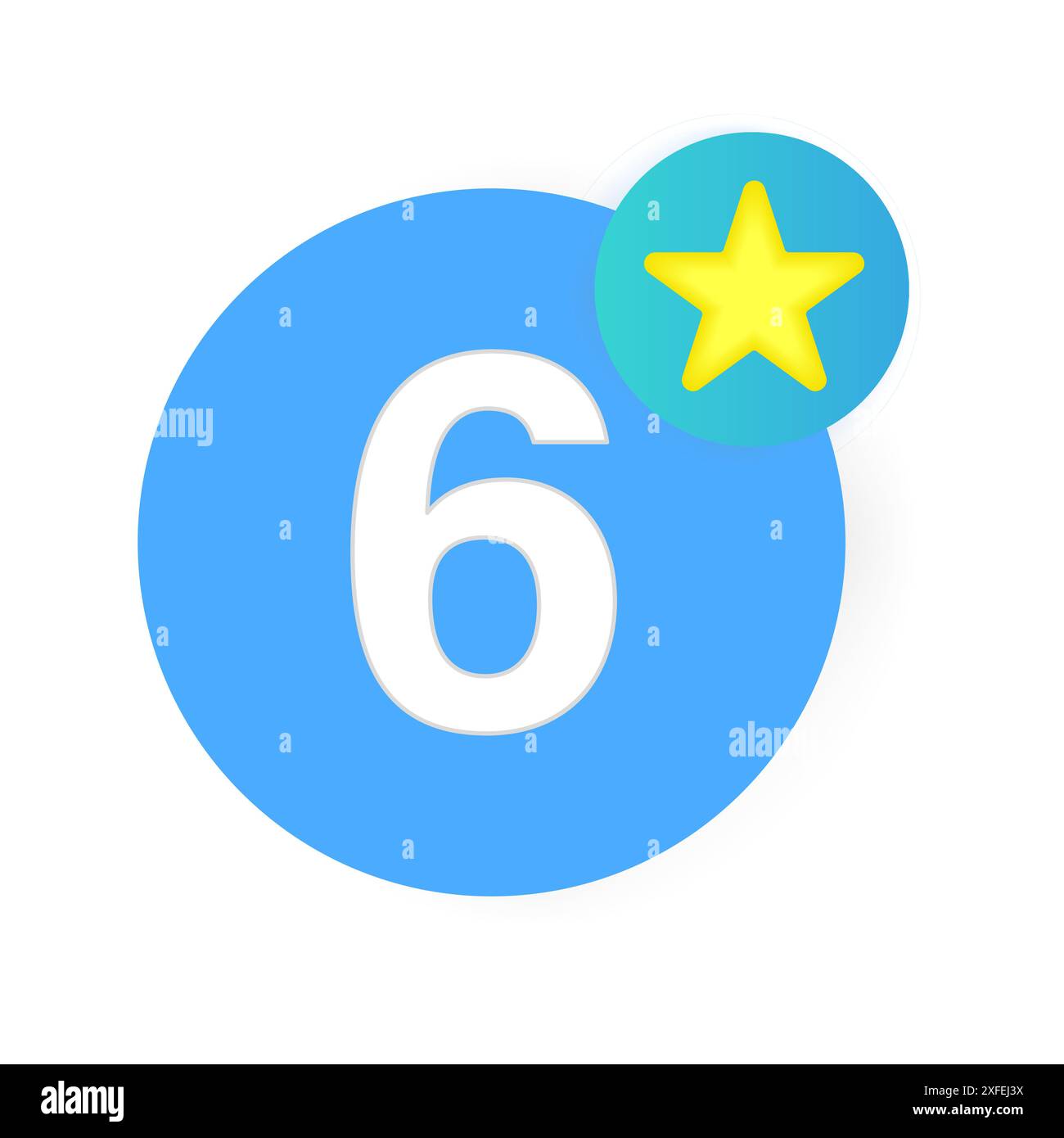 Nummer sechs. Blauer Kreis. Gelber Stern. Vektorsymbol. Stock Vektor