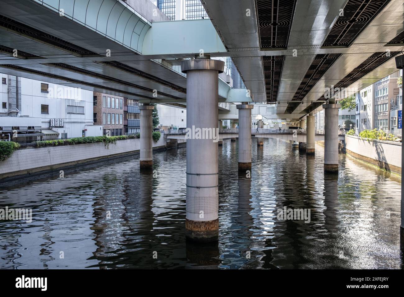 Der Expressway unterstützt den Fluss in Nihonbashi Tokio Japan Stockfoto