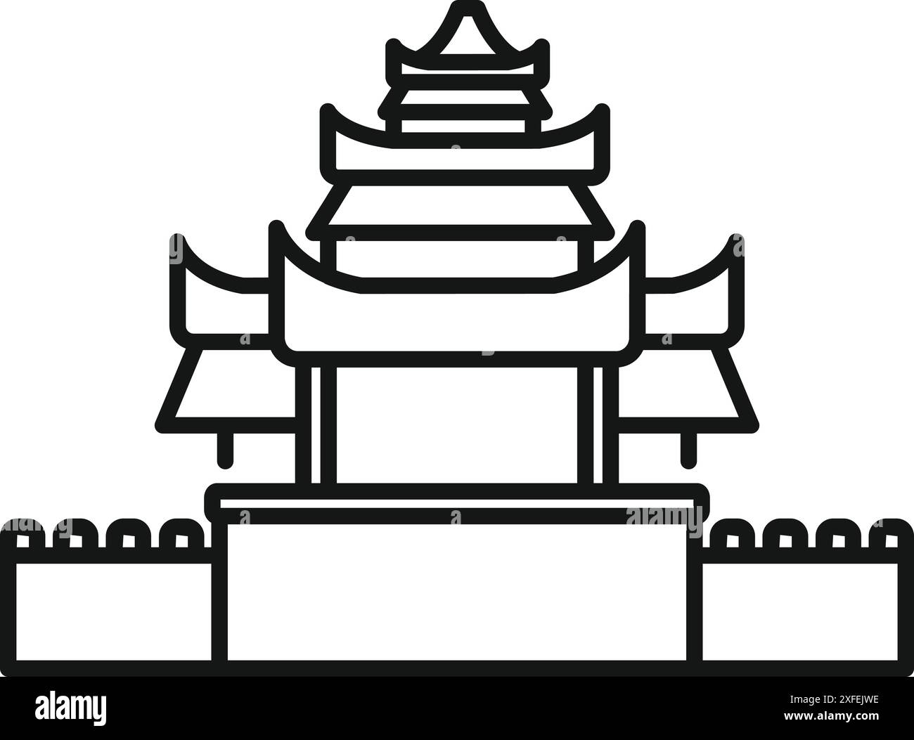 Schwarz-weiß-Symbol eines traditionellen chinesischen Tempelgebäudes mit Wänden, die es schützen Stock Vektor