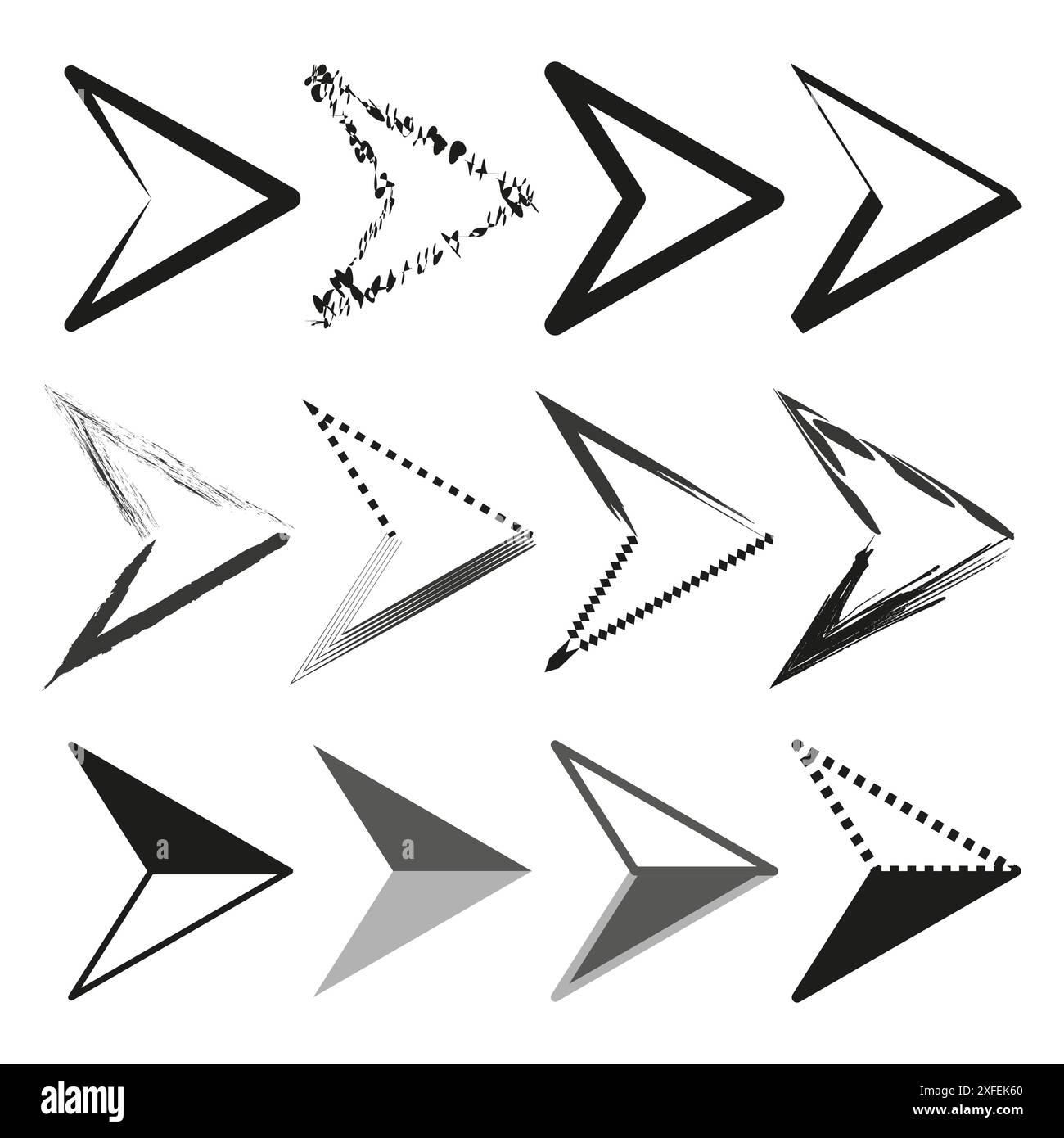 Sammlung der Pfeilsymbole. Verschiedene Schwarzweiß-Styles. Pfeile des geometrischen Vektors. Verschiedene Richtungssymbole. Stock Vektor