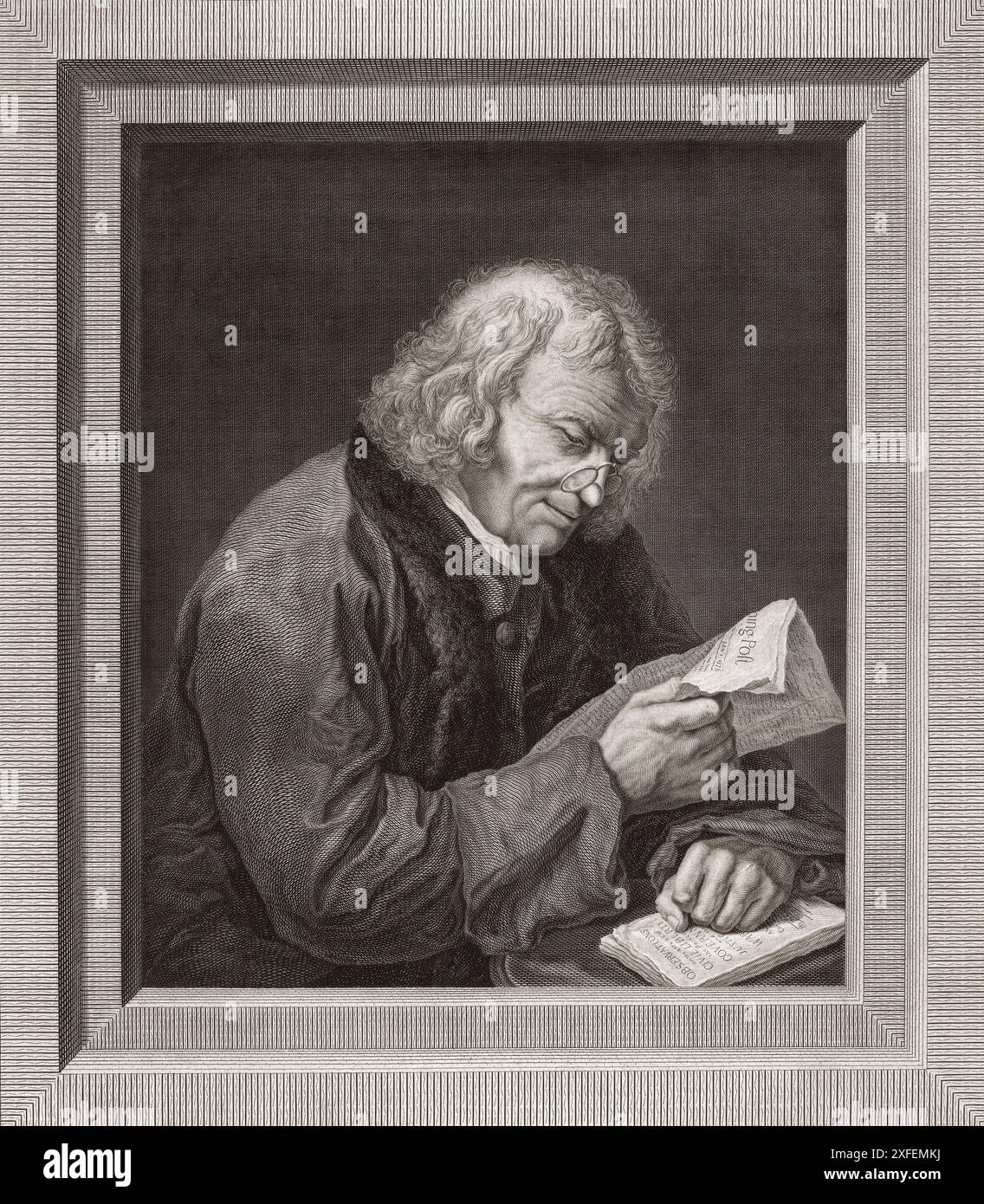 Benjamin Franklin, 1706 - 1790. Amerikanischer Universalgelehrter, Schriftsteller, Wissenschaftler, Erfinder, Staatsmann, Diplomat, Drucker, Verleger, politischer Philosoph, einer der Gründungsväter der Vereinigten Staaten, Verfasser und Unterzeichner der Unabhängigkeitserklärung und erster Generalpostmeister. Nach einem Druck von Thomas Ryder nach dem Gemälde von Stephen Elmer. Stockfoto